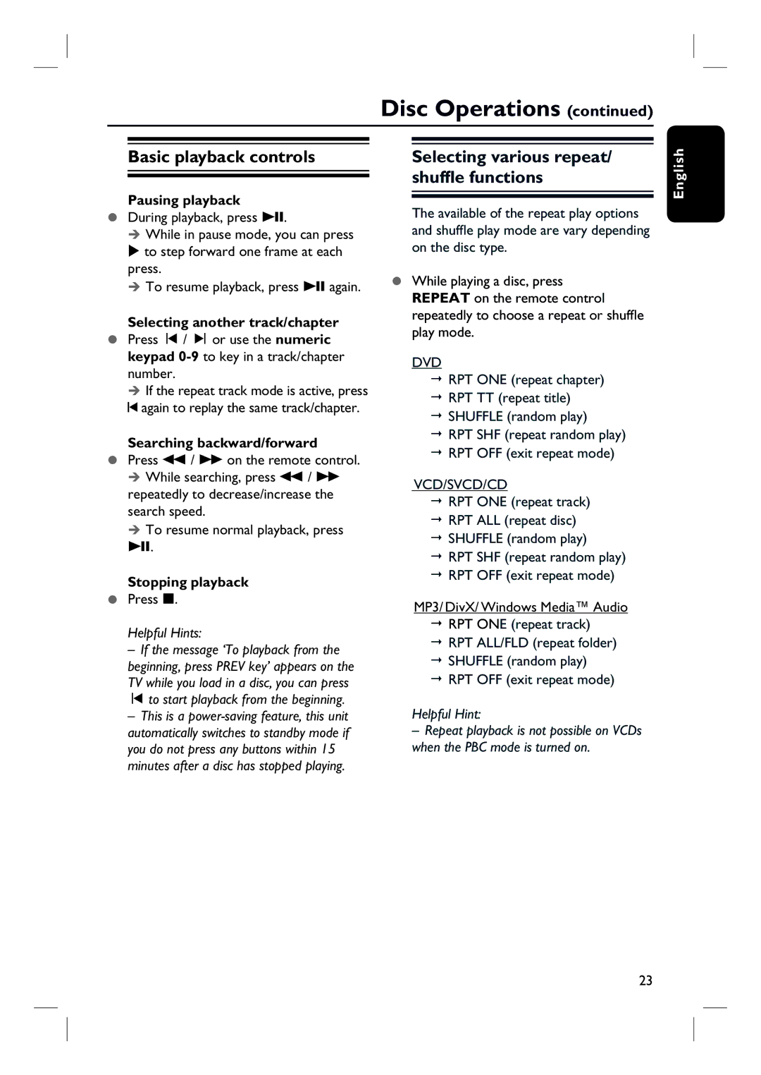 Philips HTS3000/12 user manual Basic playback controls, Selecting various repeat/ shuffle functions, Pausing playback 