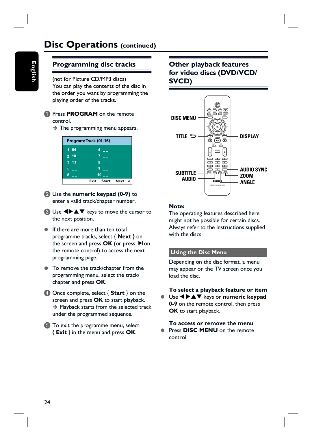 Philips HTS3000/12 Programming disc tracks, Other playback features for video discs DVD/VCD/ Svcd, Using the Disc Menu 