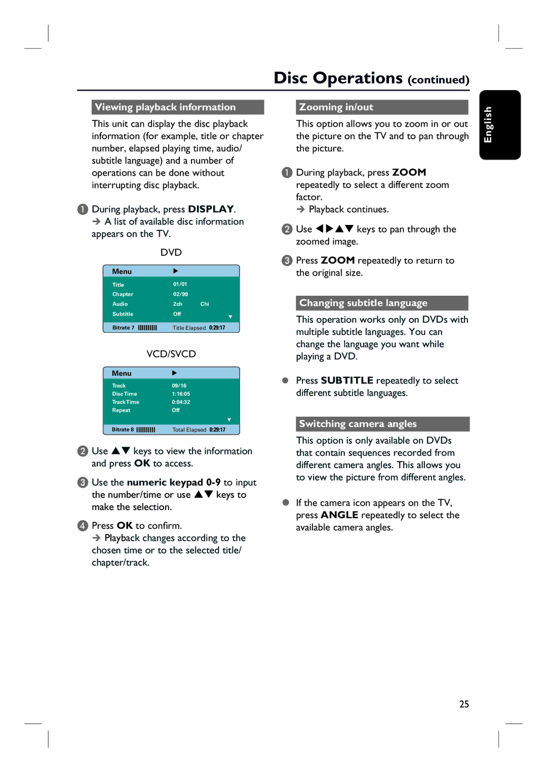 Philips HTS3000/12 Viewing playback information, Use, Zooming in/out, Changing subtitle language, Switching camera angles 