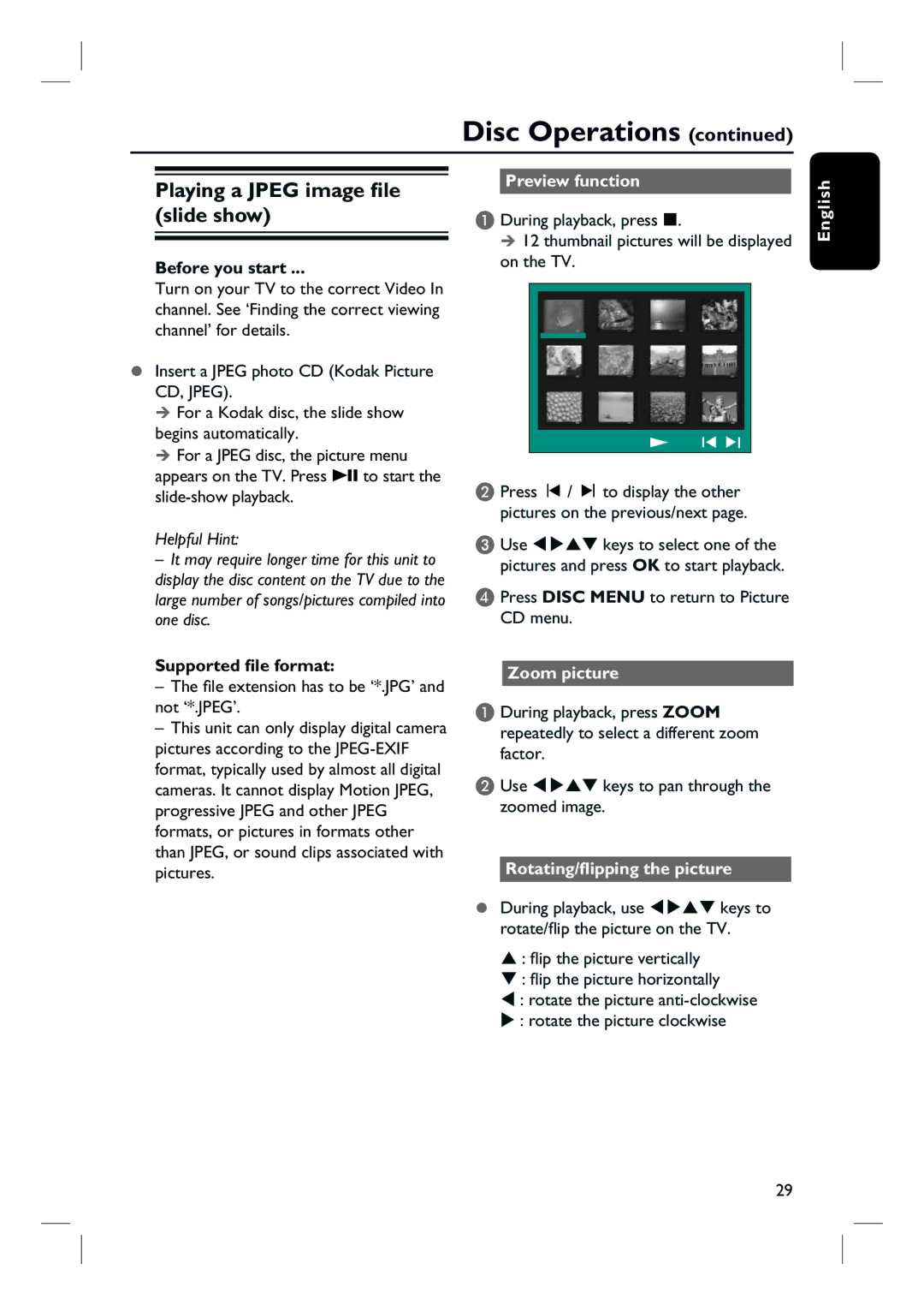 Philips HTS3000/12 user manual Playing a Jpeg image file slide show, Preview function, Supported file format, Zoom picture 