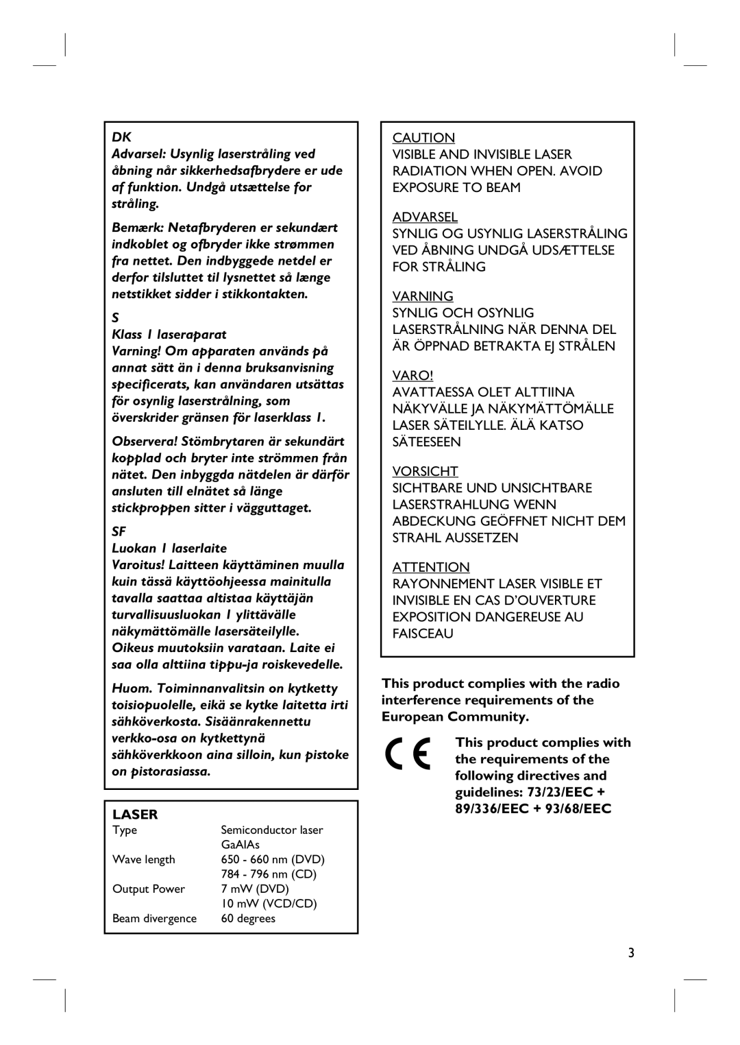 Philips HTS3000/12 user manual Klass 1 laseraparat 