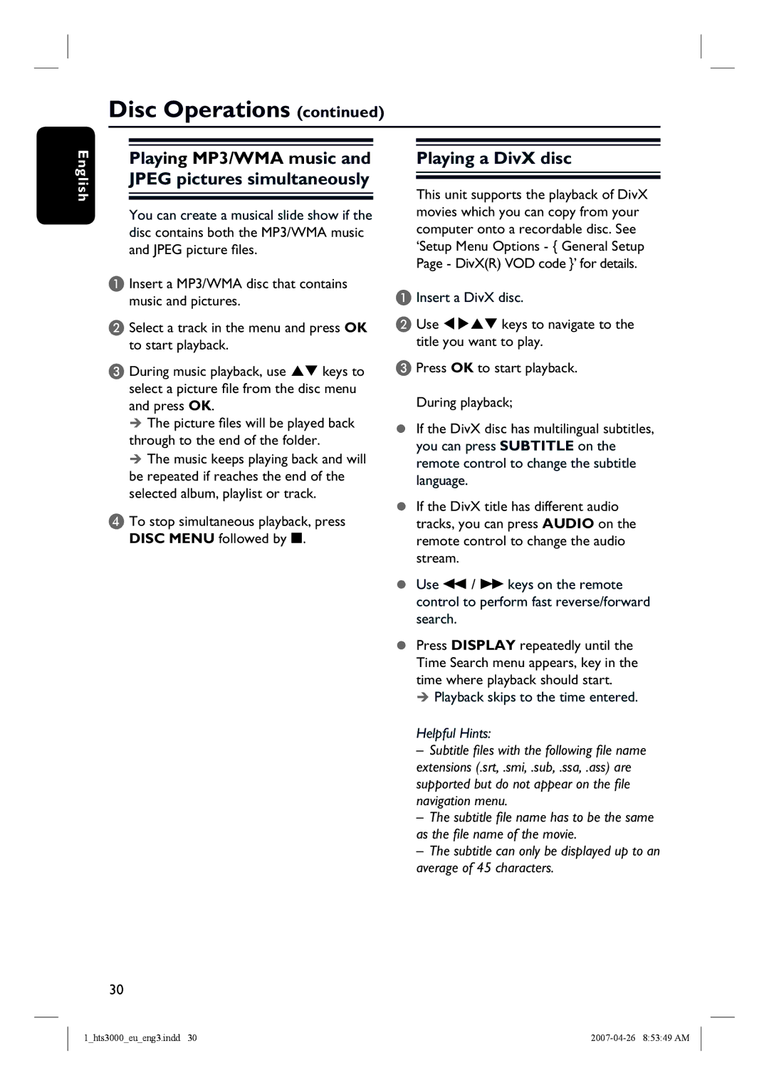 Philips HTS3000/12 user manual Playing a DivX disc, To stop simultaneous playback, press Disc Menu followed by 