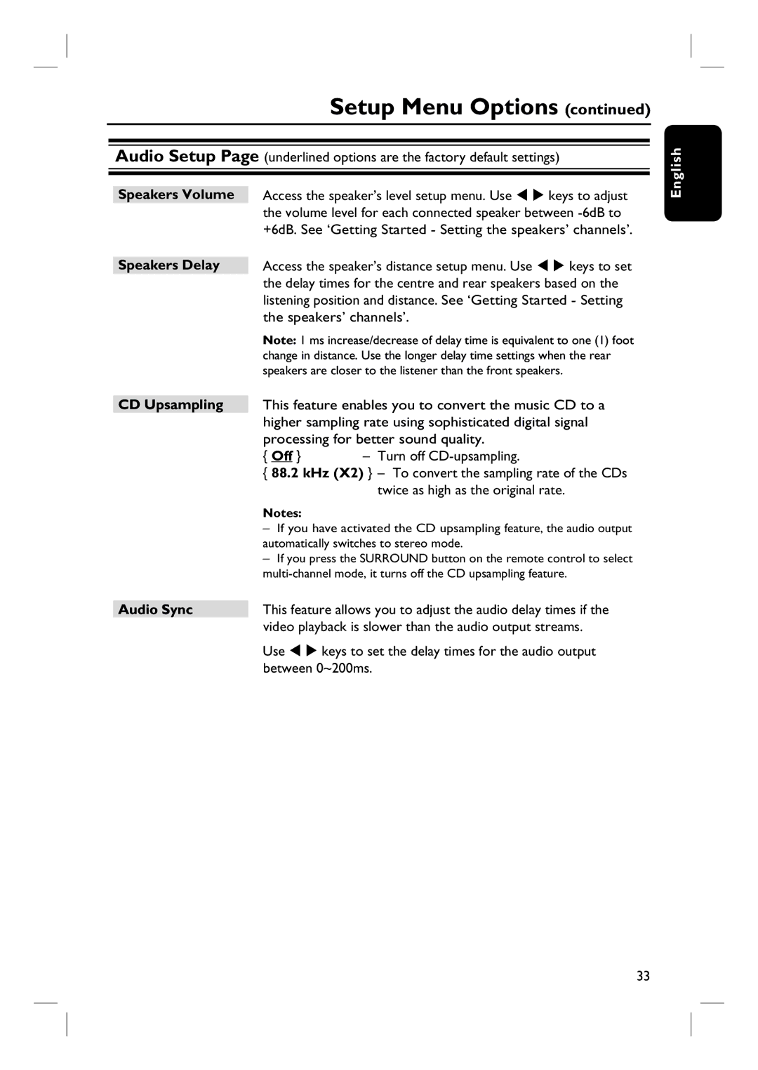 Philips HTS3000/12 user manual Speakers Volume, Speakers Delay, CD Upsampling 