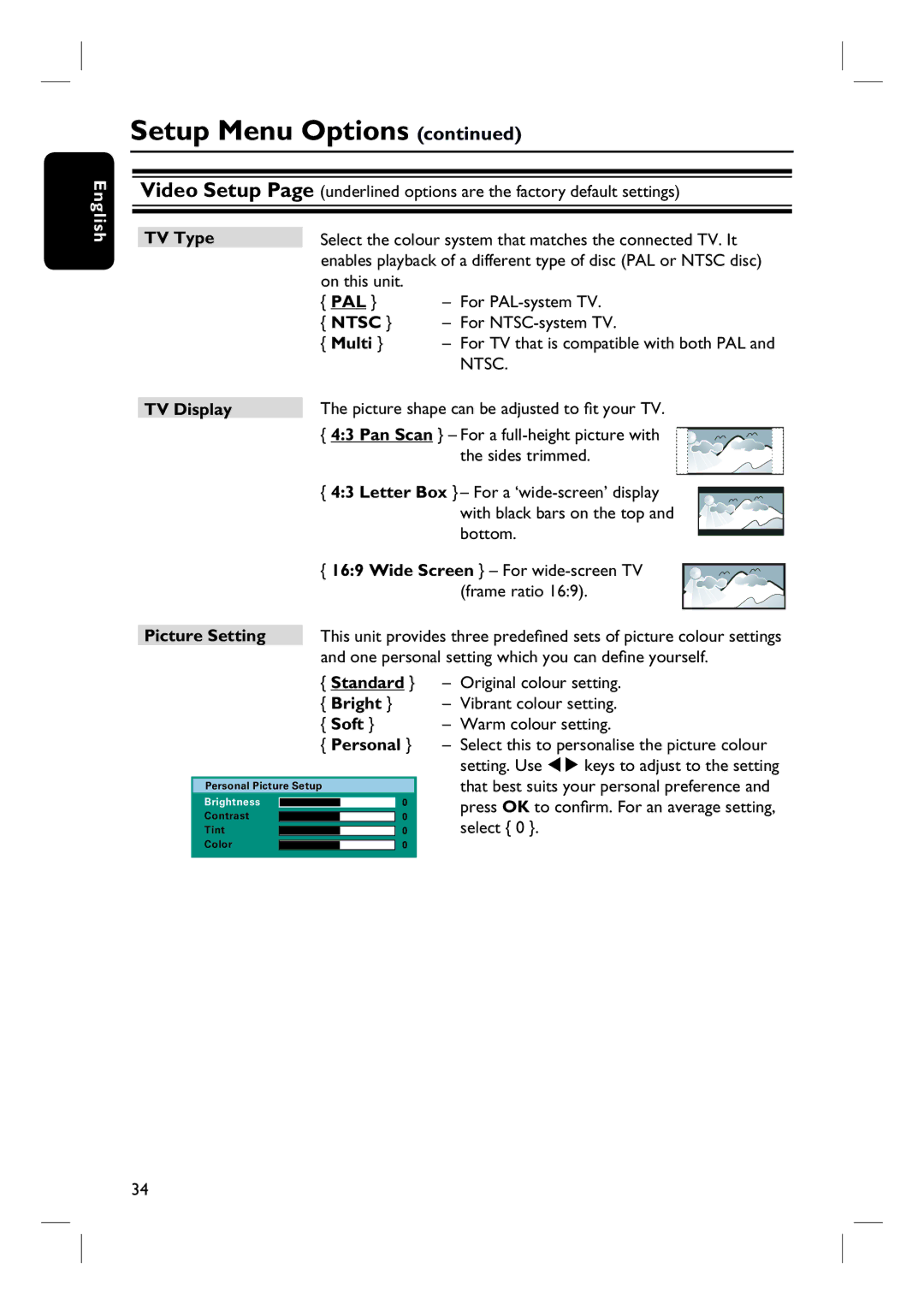 Philips HTS3000/12 user manual TV Type, Ntsc, Multi, TV Display, Picture Setting, Standard Bright Soft Personal 