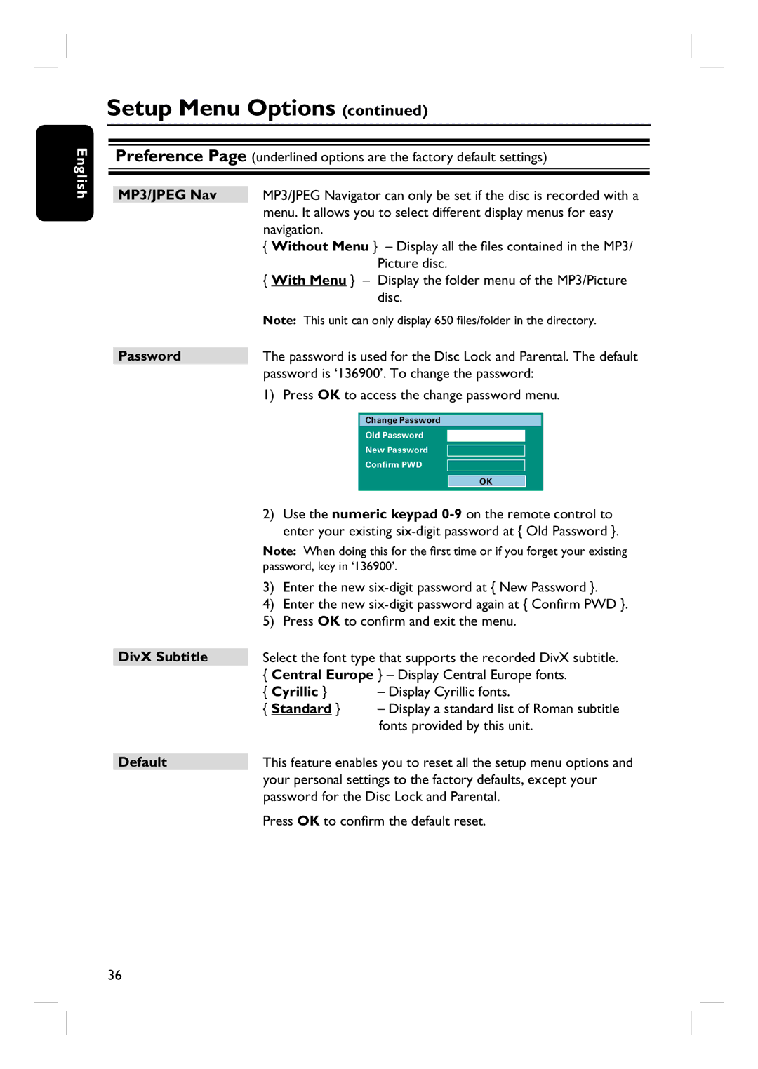 Philips HTS3000/12 user manual Password DivX Subtitle Default, Cyrillic 