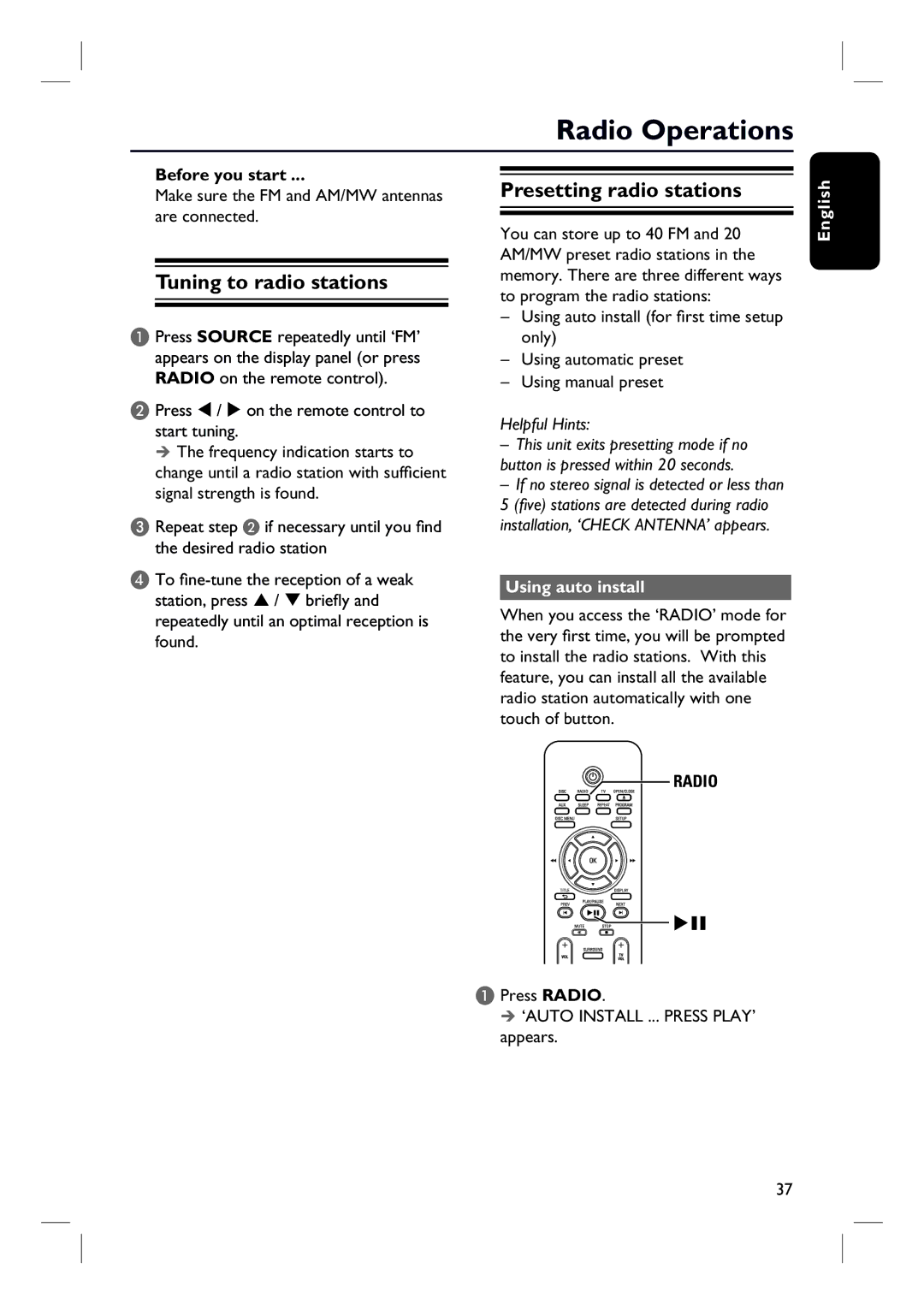 Philips HTS3000/12 user manual Radio Operations, Tuning to radio stations, Presetting radio stations, Using auto install 