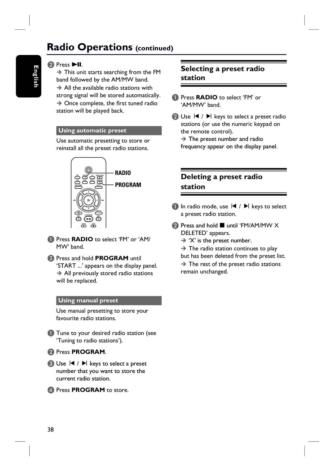 Philips HTS3000/12 user manual Selecting a preset radio station, Deleting a preset radio station, Using automatic preset 