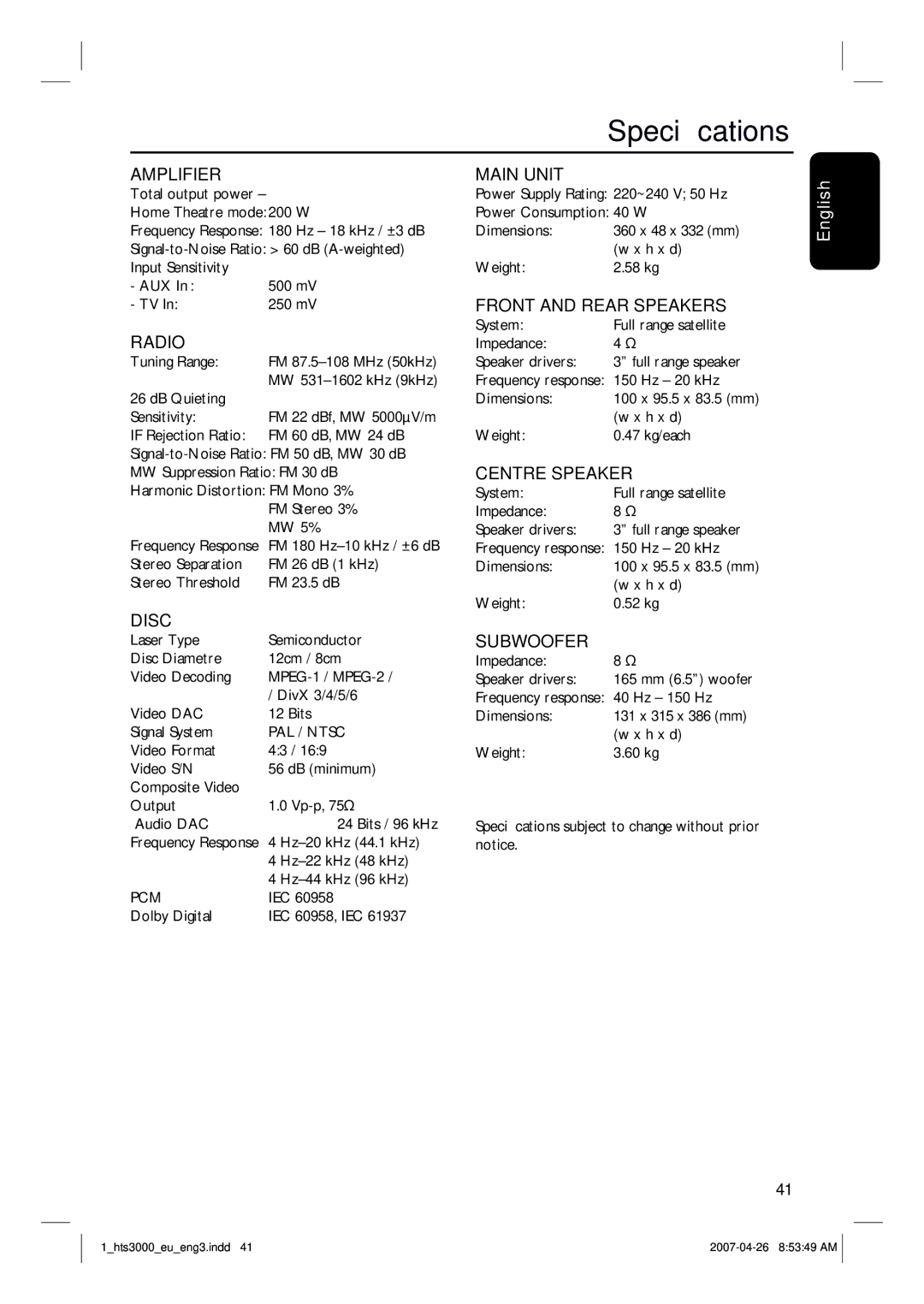 Philips HTS3000/12 user manual Specifications, Amplifier 