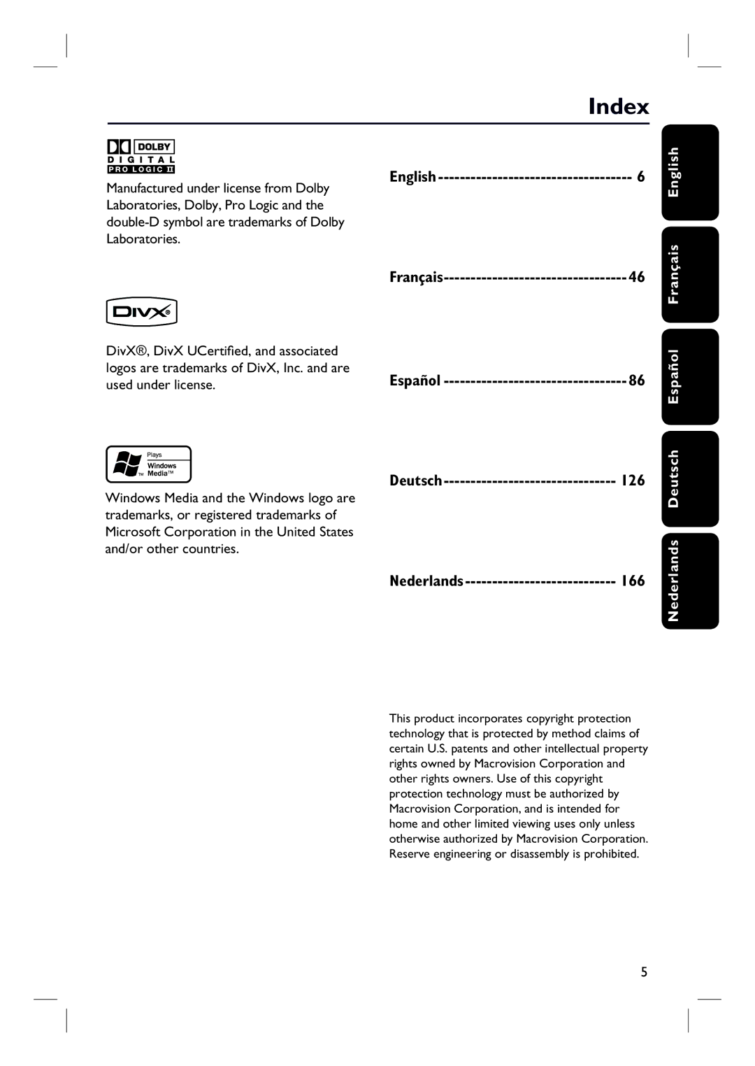 Philips HTS3000/12 user manual Index, Français English, Nederlands Deutsch Español 