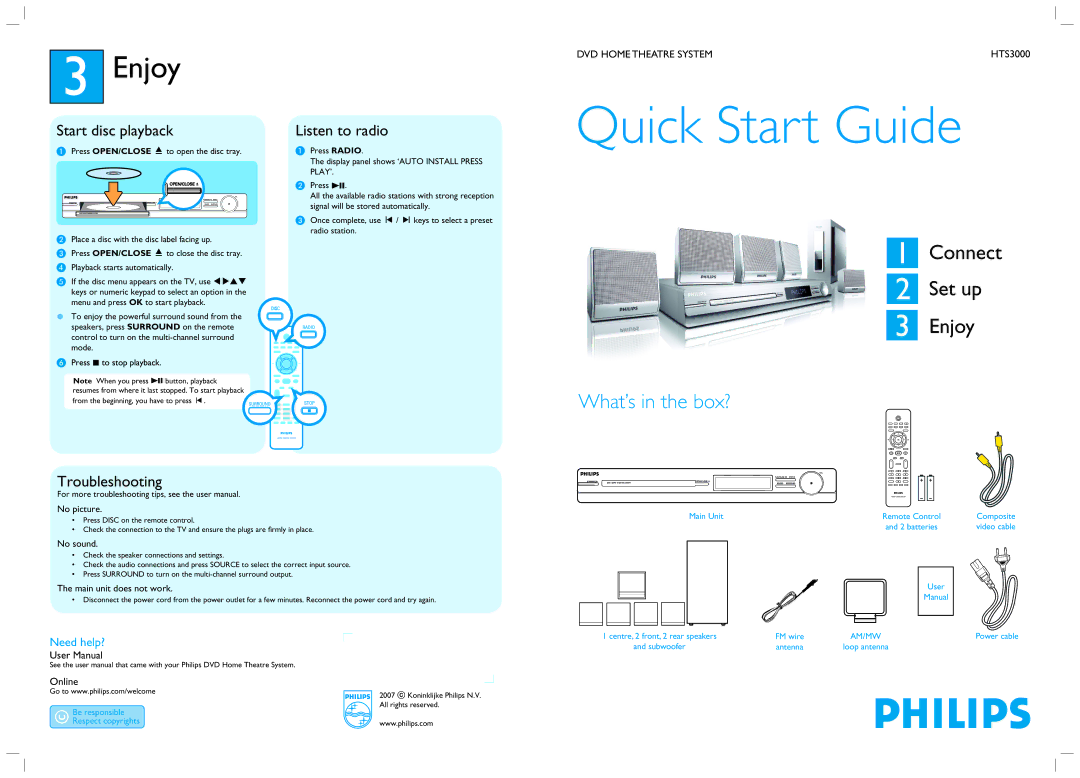 Philips HTS3000/51 quick start Enjoy, Start disc playback, Listen to radio, Troubleshooting, Need help? 