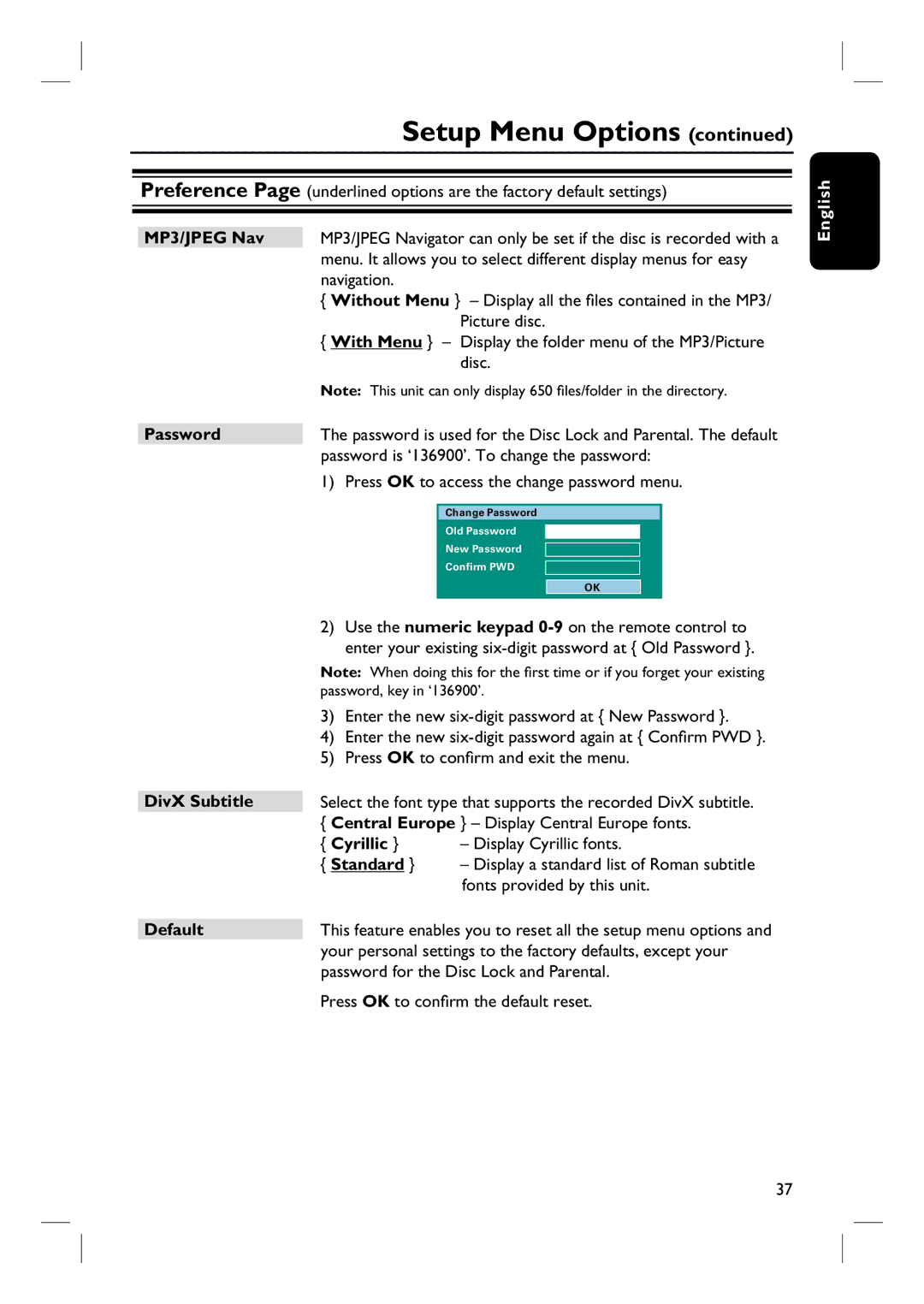 Philips HTS3000/55 user manual Password DivX Subtitle Default, Cyrillic 