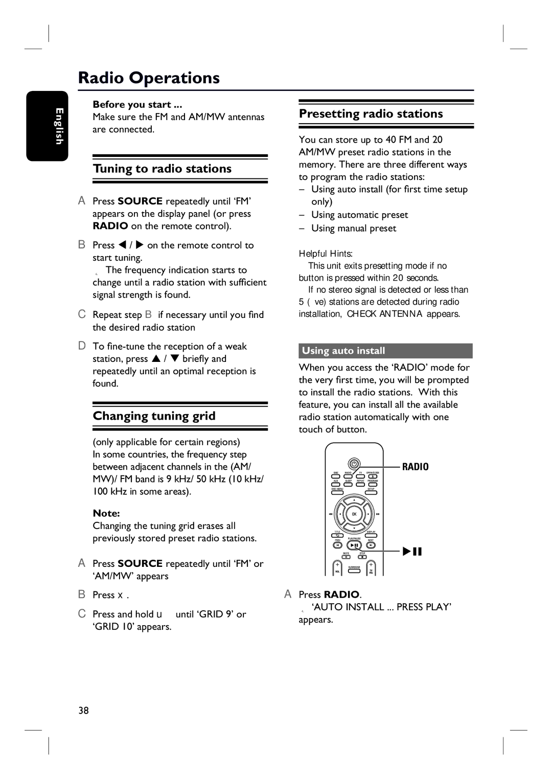 Philips HTS3000/55 user manual Radio Operations, Tuning to radio stations, Changing tuning grid, Presetting radio stations 