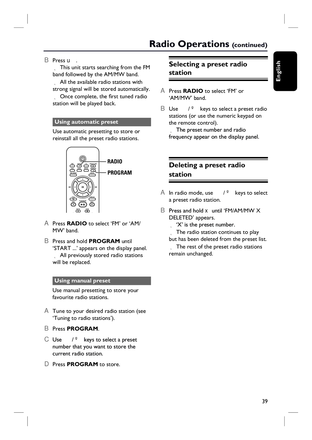 Philips HTS3000/55 user manual Selecting a preset radio station, Deleting a preset radio station, Using automatic preset 