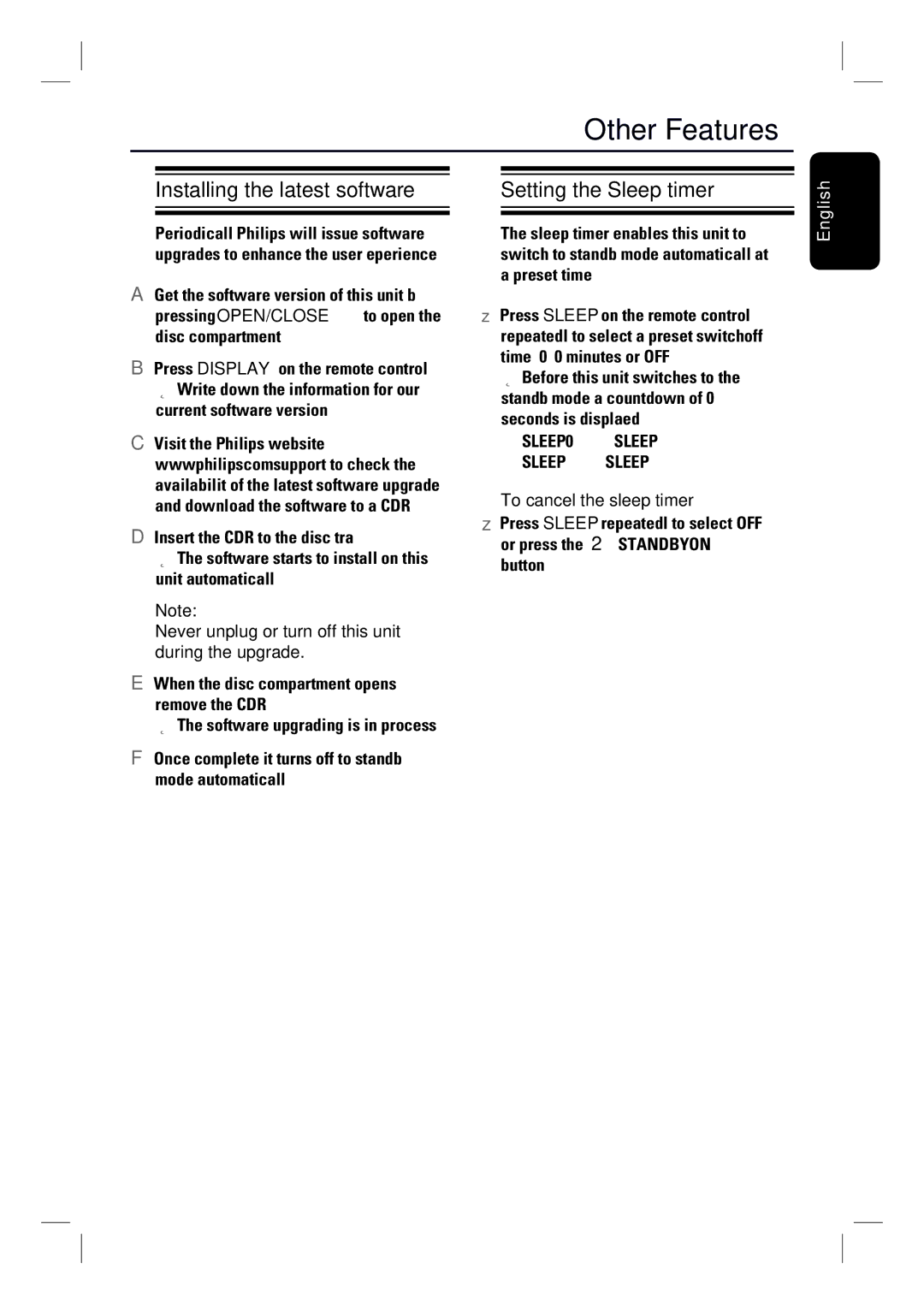 Philips HTS3000/55 Other Features, Installing the latest software, Setting the Sleep timer, To cancel the sleep timer 