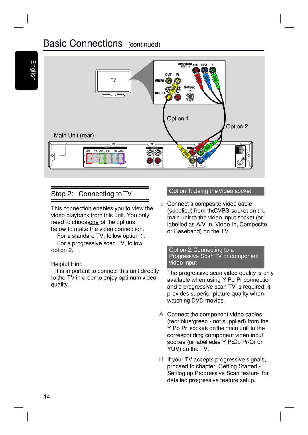 Philips HTS3010 quick start Connecting to TV, Option Main Unit rear, Option 1 Using the Video socket 