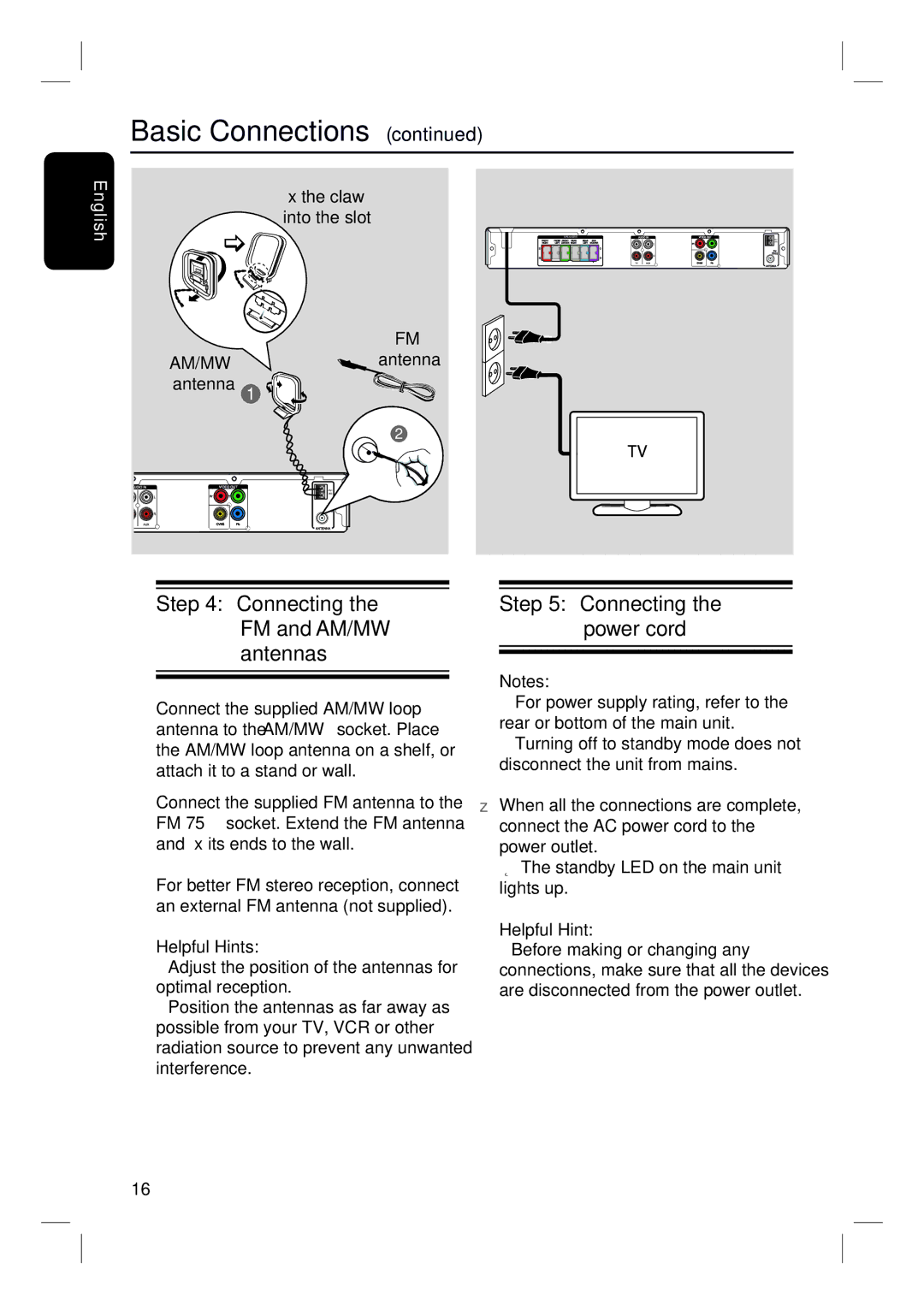 Philips HTS3010 quick start Connecting the FM and AM/MW antennas, Connecting the power cord 