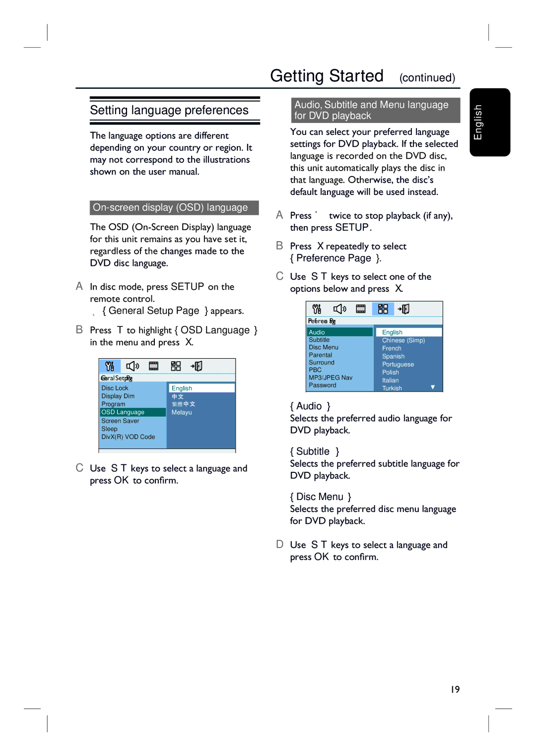 Philips HTS3010 Setting language preferences, On-screen display OSD language, General Setup Page appears, Preference 