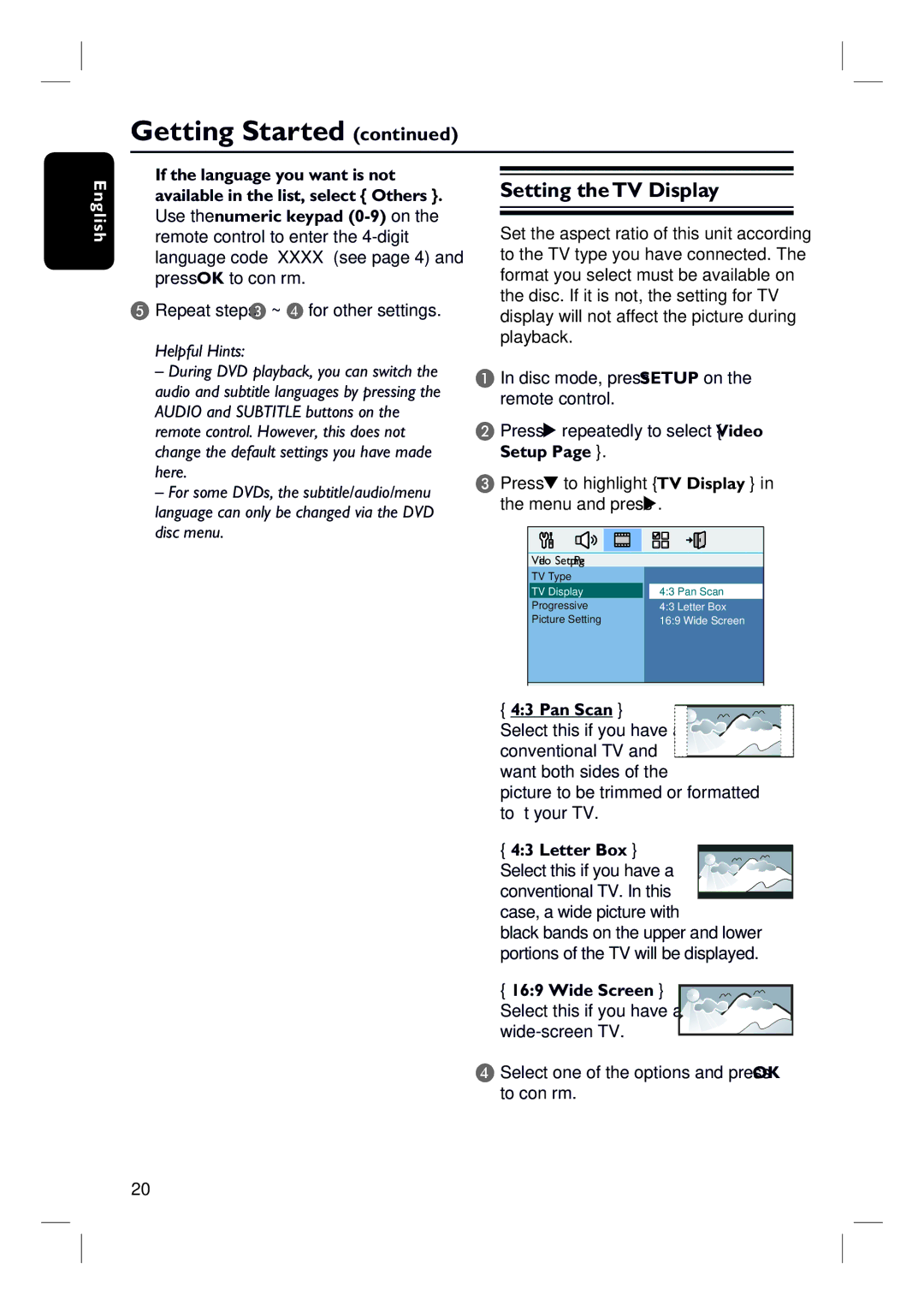 Philips HTS3010 quick start Setting the TV Display, Repeat steps C ~ D for other settings 