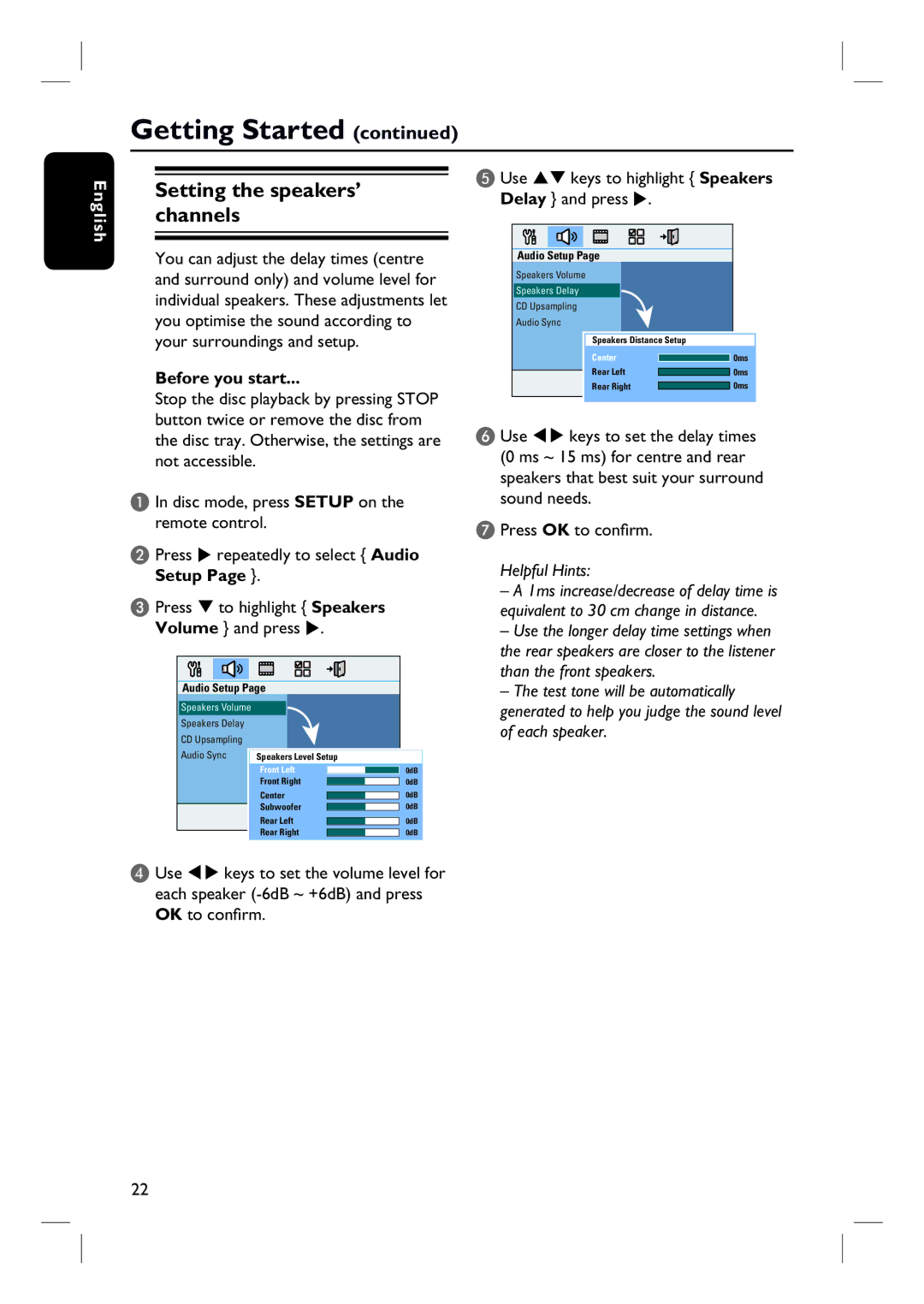 Philips HTS3010 quick start Setting the speakers’ channels, Setup Press To highlight Speakers Volume and press 