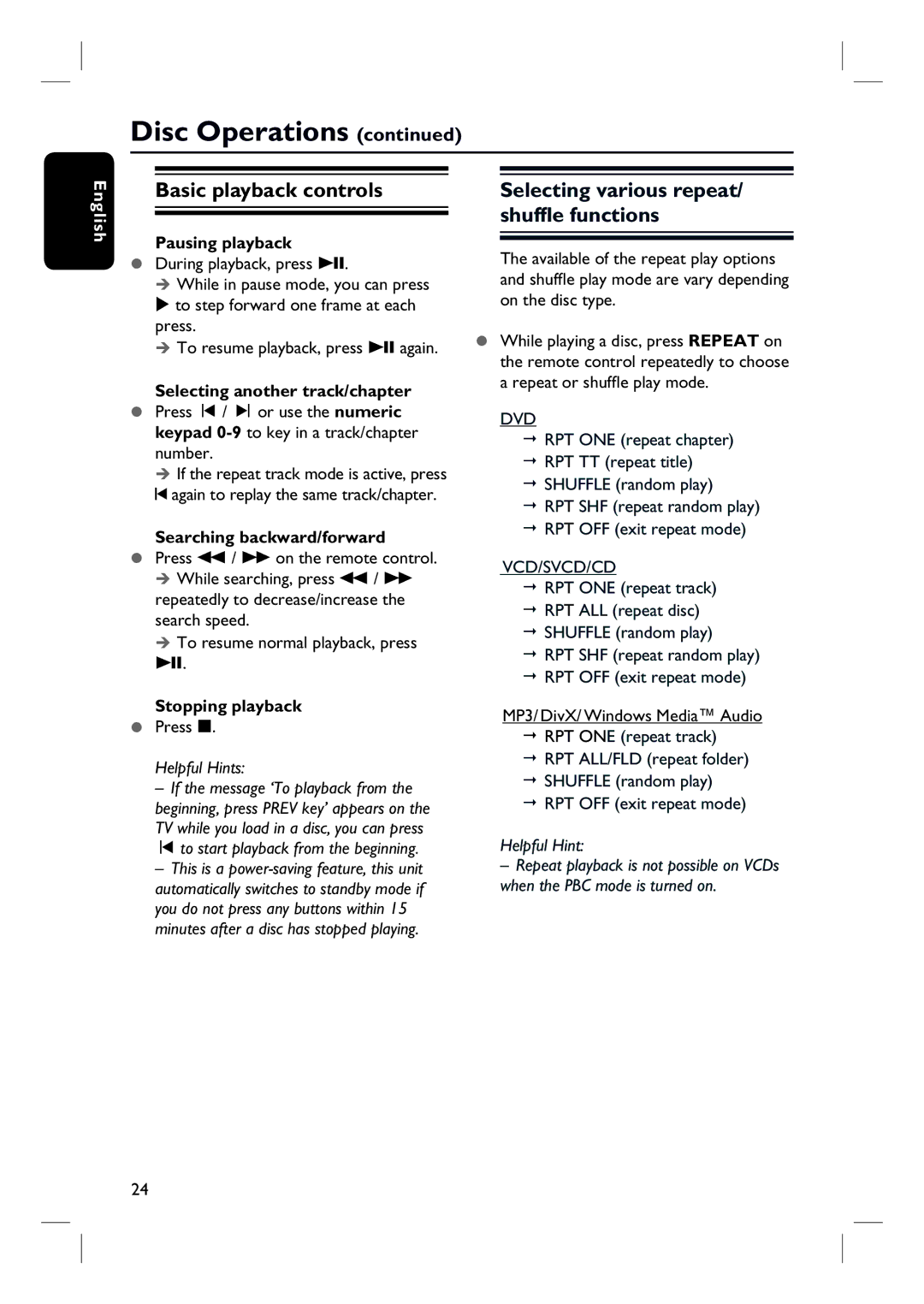 Philips HTS3010 Basic playback controls, Selecting various repeat/ shuffle functions, Pausing playback, Stopping playback 