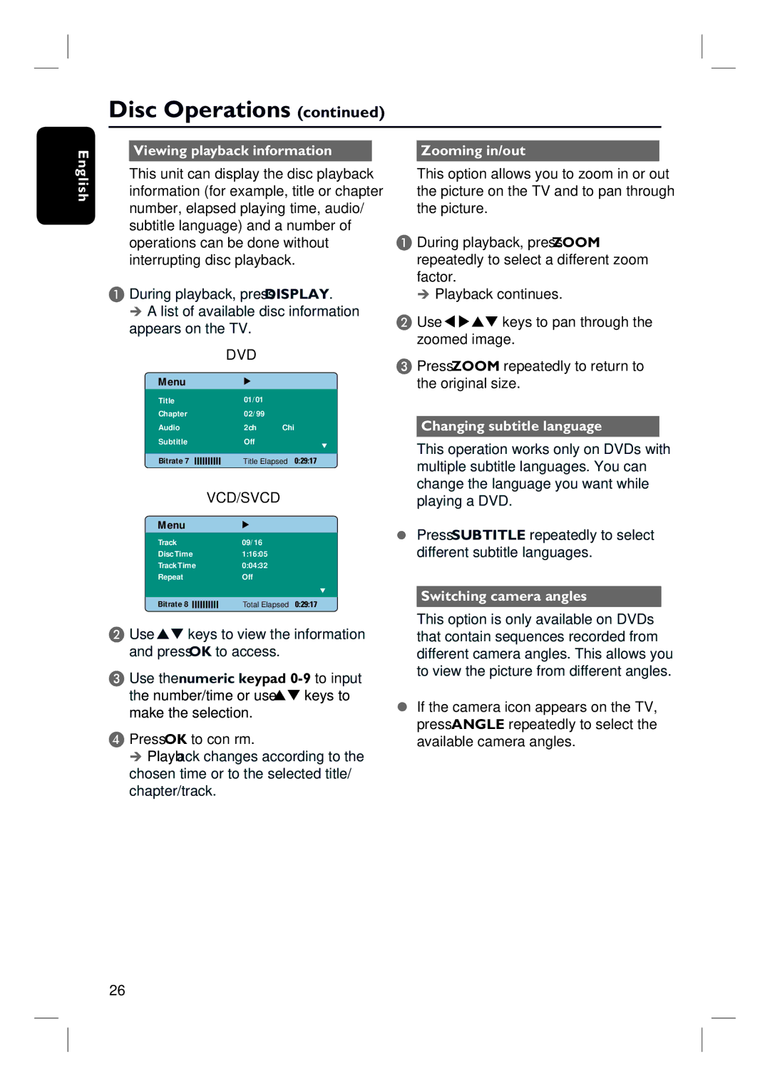 Philips HTS3010 quick start English Viewing playback information, Use, Zooming in/out, Changing subtitle language 