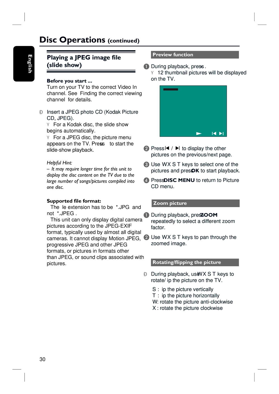 Philips HTS3010 quick start Playing a Jpeg image file slide show, Supported file format, Preview function, Zoom picture 