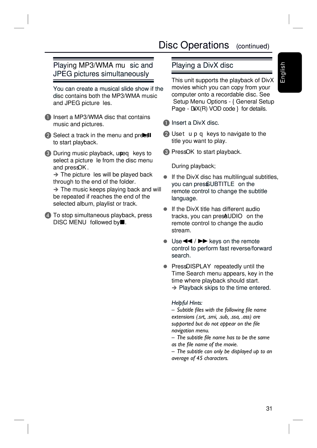 Philips HTS3010 quick start Playing a DivX disc, To stop simultaneous playback, press Disc Menu followed by 