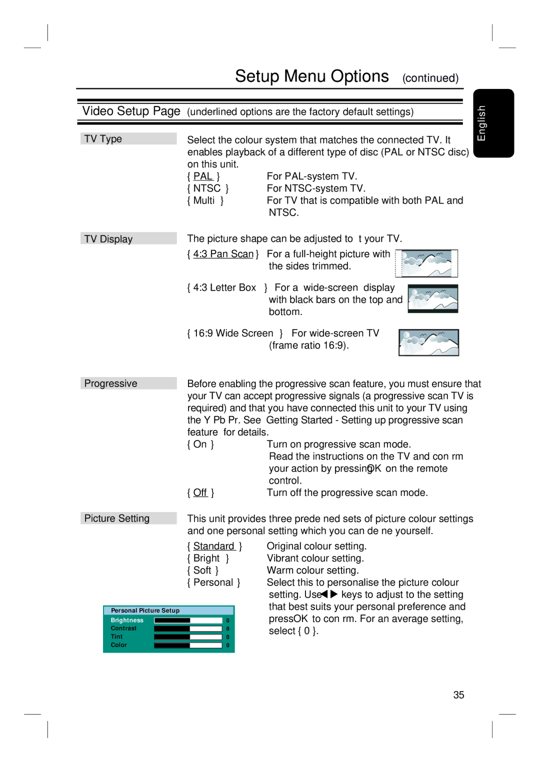 Philips HTS3010 quick start TV Type, Ntsc, Multi, TV Display, Progressive, Picture Setting, Soft, Personal 