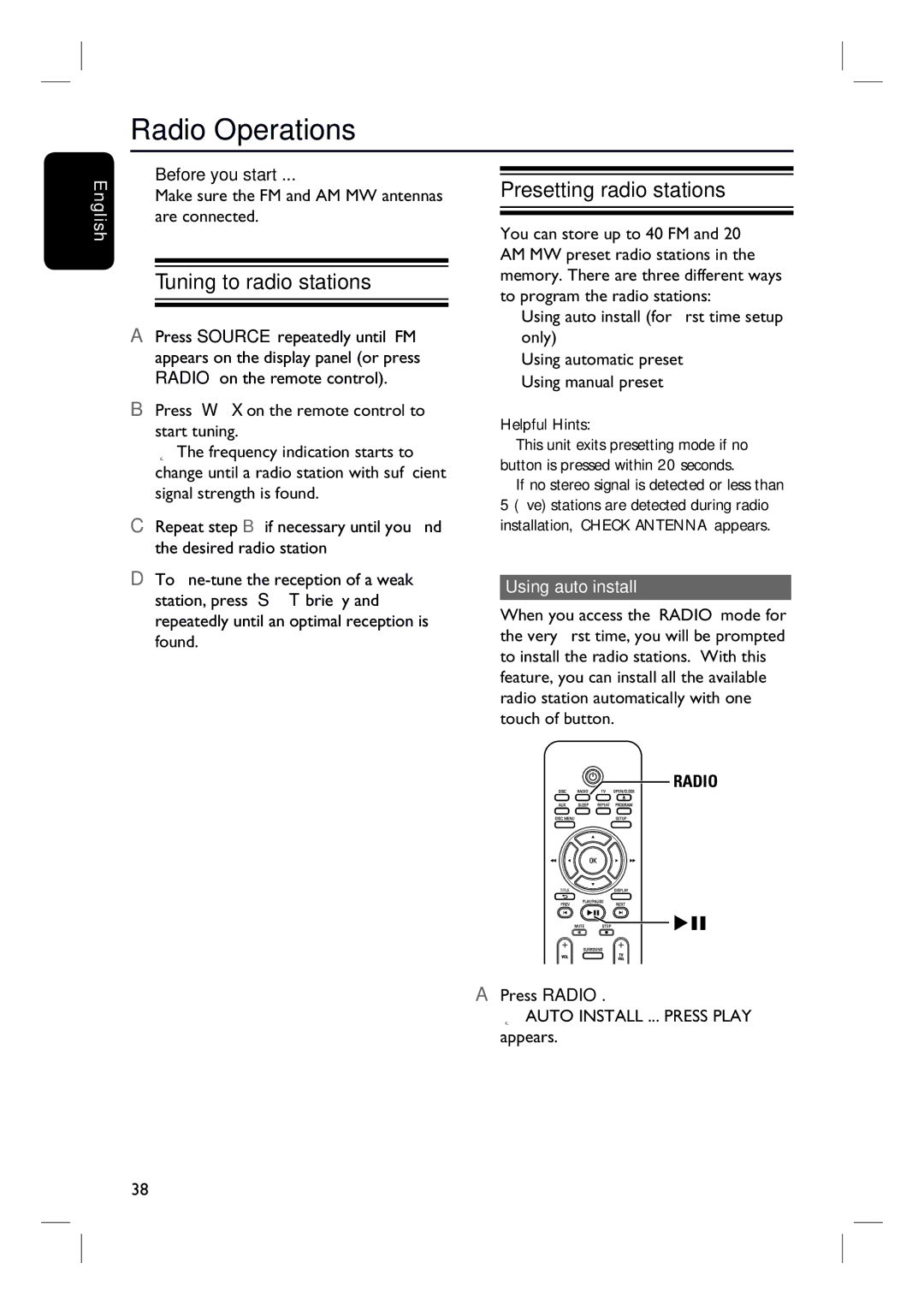 Philips HTS3010 quick start Radio Operations, Tuning to radio stations, Presetting radio stations, Using auto install 