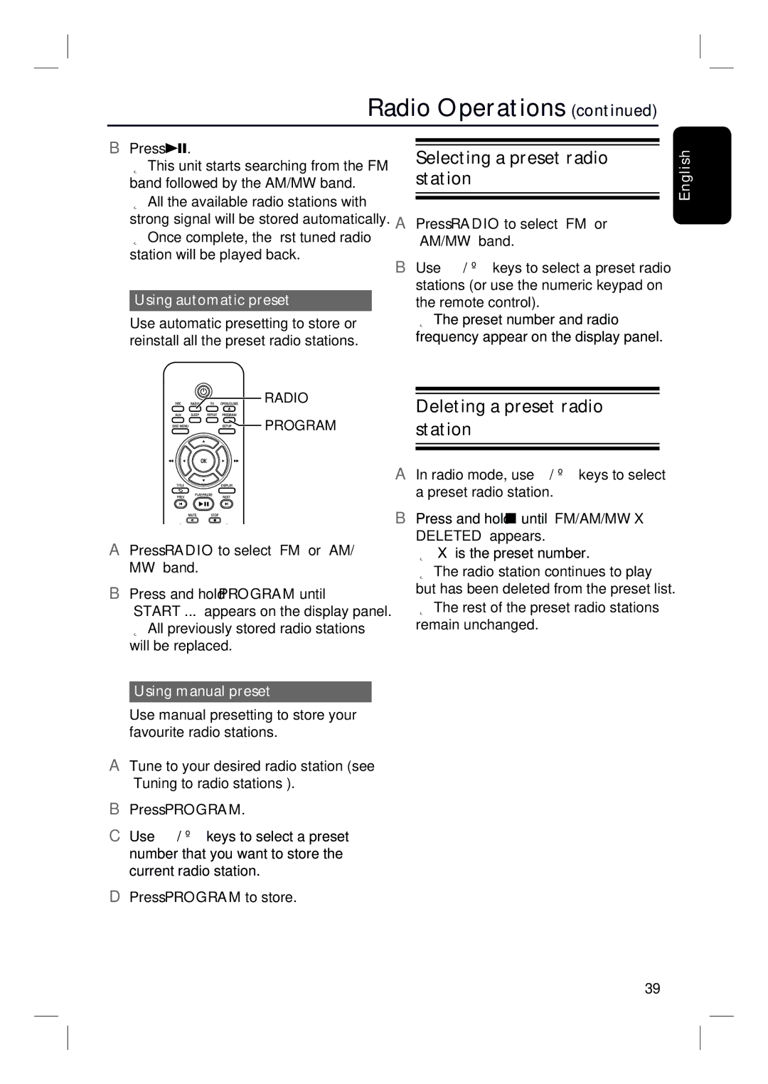 Philips HTS3010 quick start Selecting a preset radio station, Deleting a preset radio station, Using automatic preset 