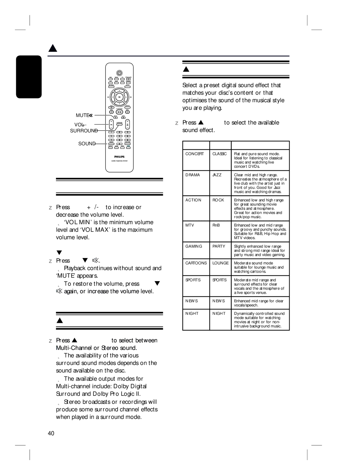 Philips HTS3010 Sound and Volume Controls, Selecting digital sound effects, Volume control, Selecting surround sound 