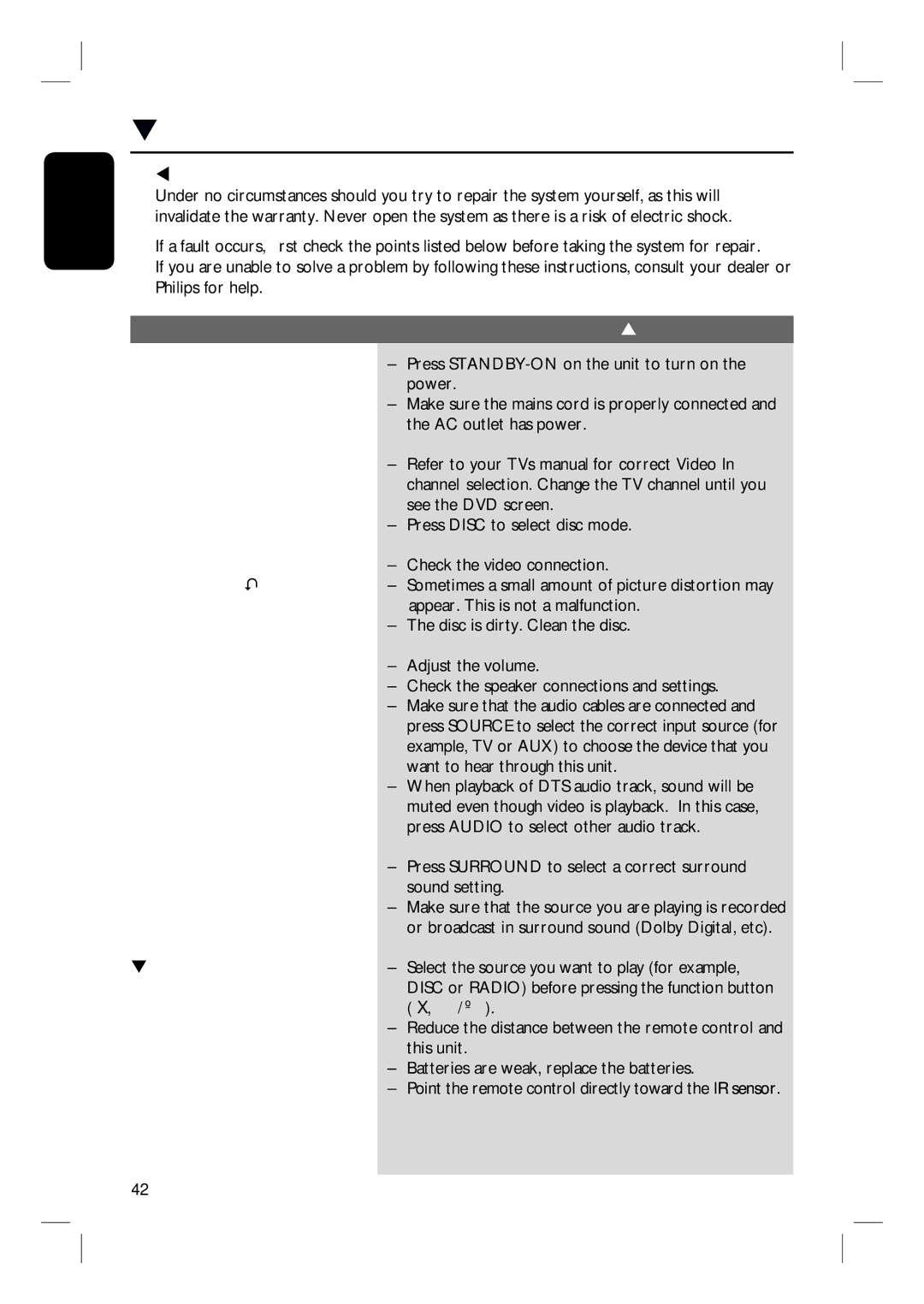 Philips HTS3010 quick start Troubleshooting, Problem General Solution 