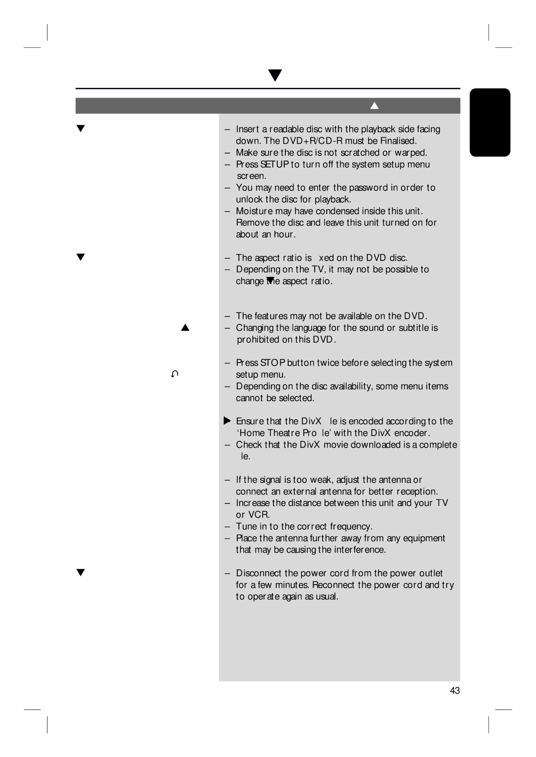 Philips HTS3010 Problem Playback Solution, Unit does not start, Not able to select some items in the setup/system menu 