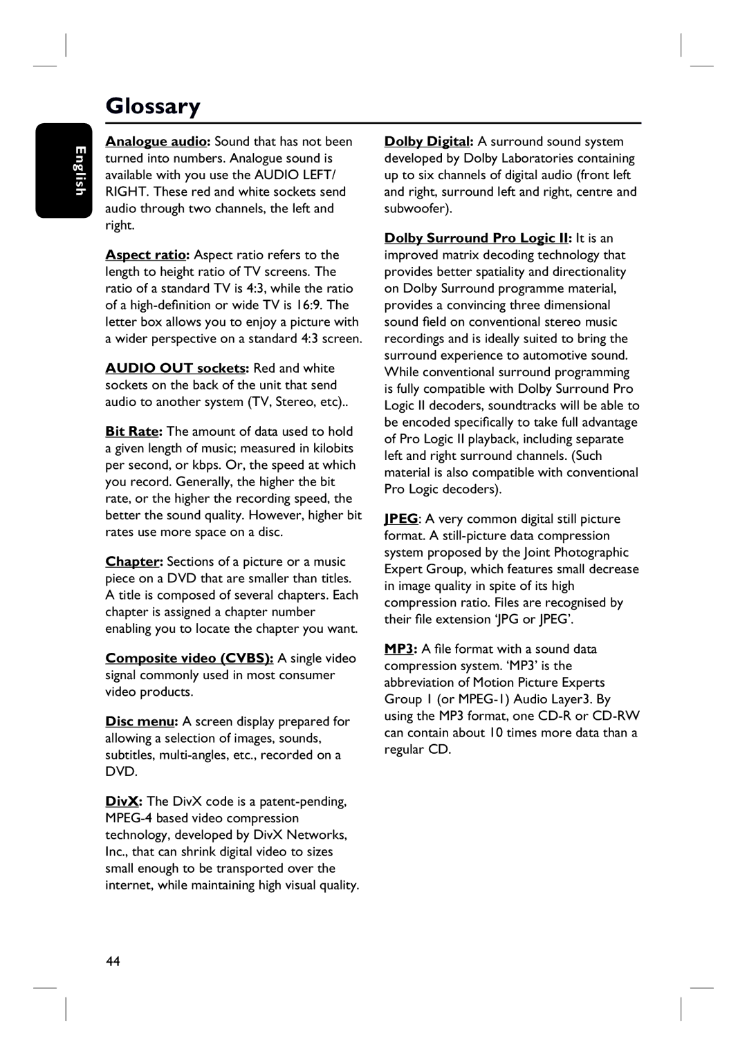 Philips HTS3010 quick start Glossary 