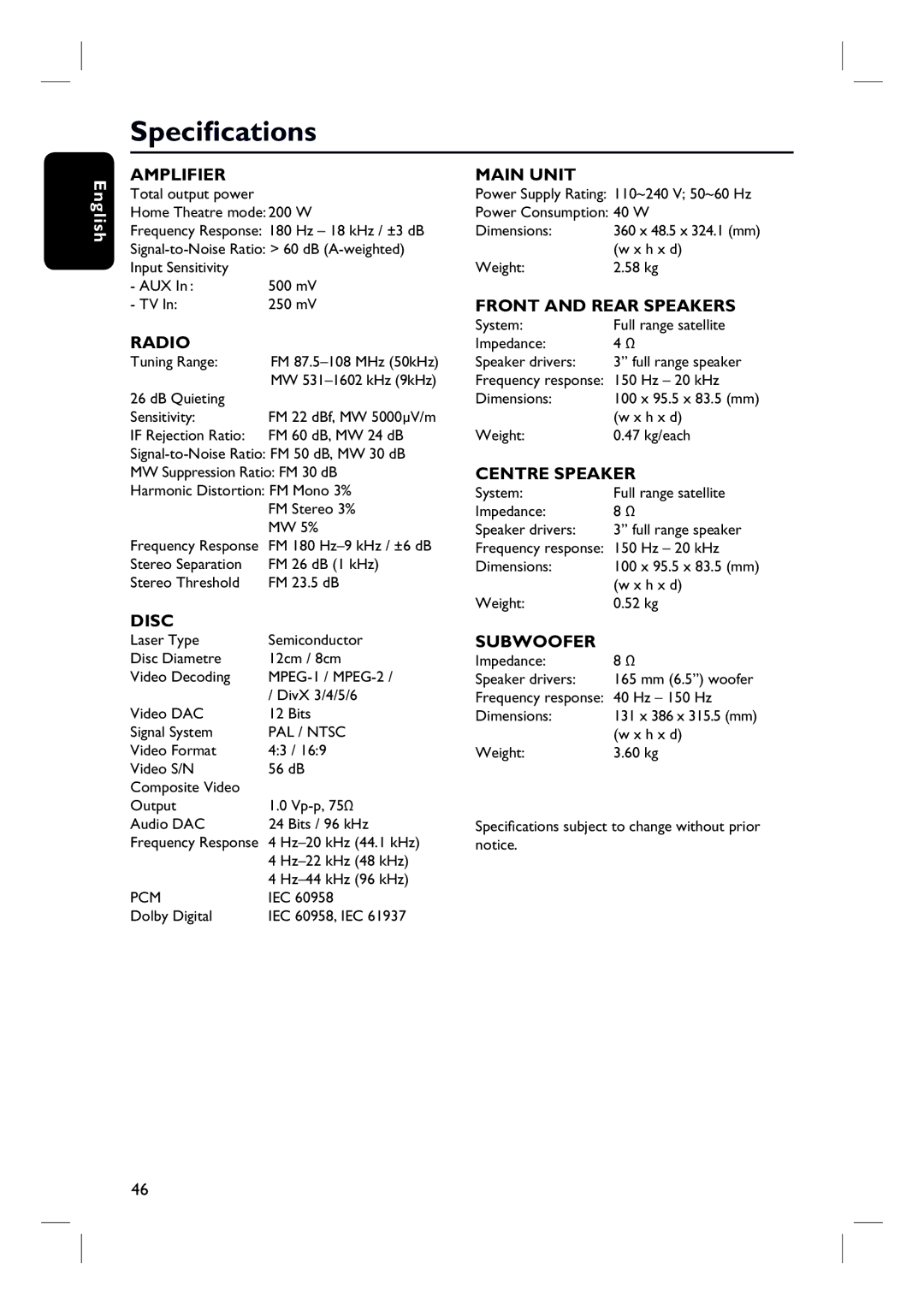 Philips HTS3010 quick start Specifications, Main Unit 