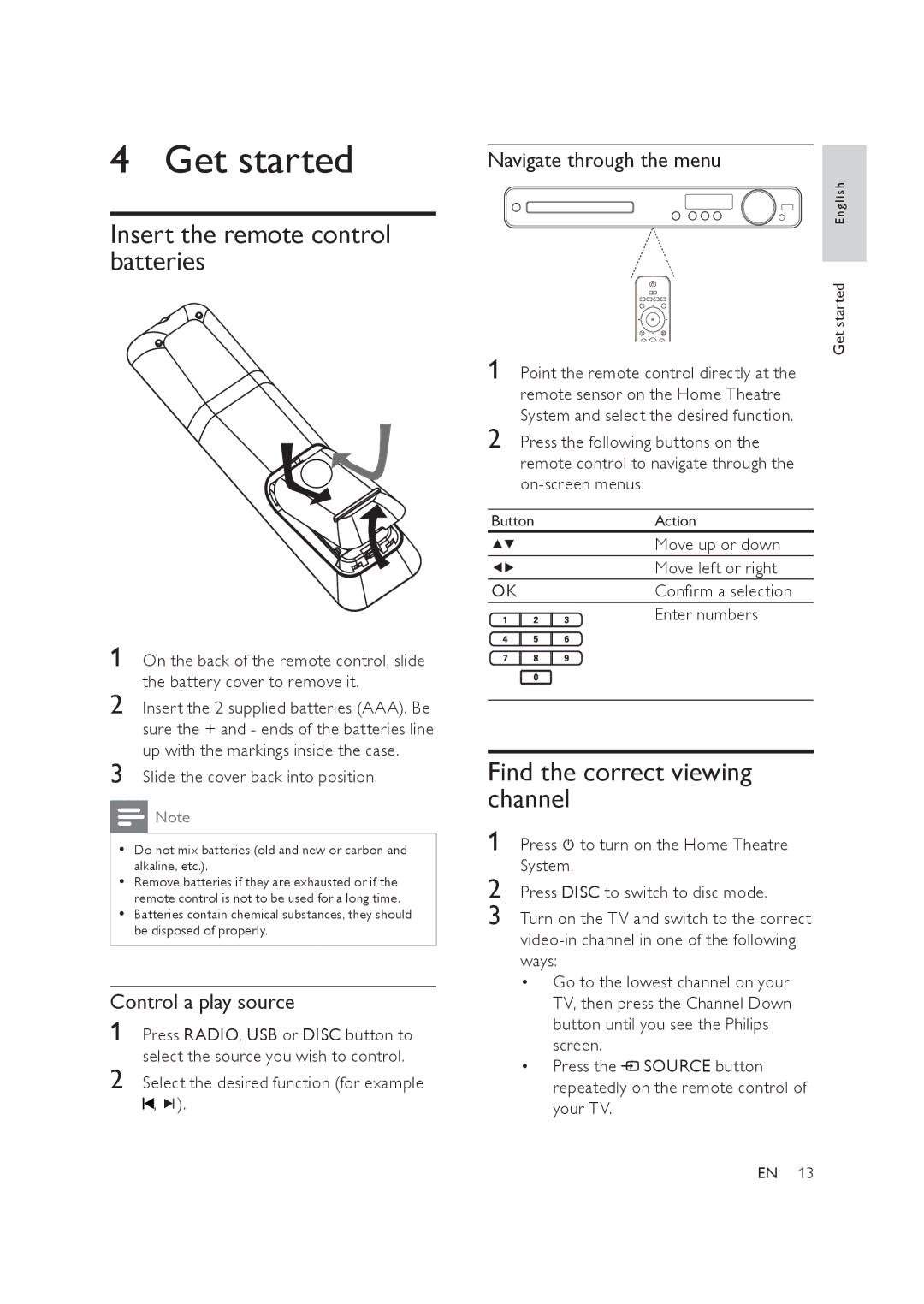 Philips HTS3019/12 user manual Get started, Insert the remote control batteries, Find the correct viewing channel 