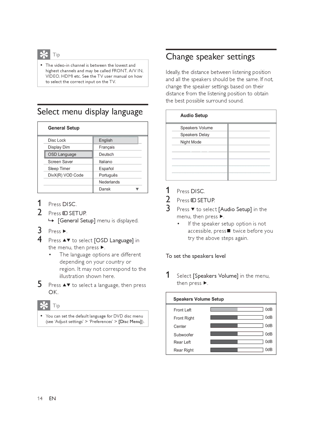 Philips HTS3019/12 user manual Select menu display language, Change speaker settings, Setup 