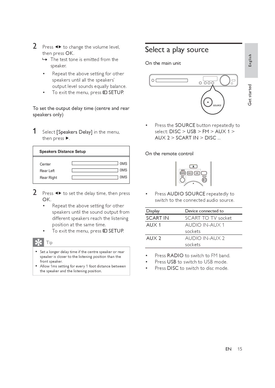 Philips HTS3019/12 user manual Select a play source, Scart, AUX Audio IN-AUX 