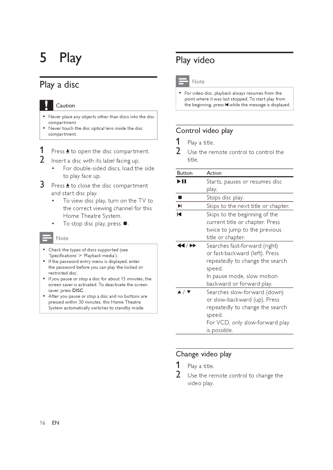 Philips HTS3019/12 user manual Play a disc, Play video, Control video play, Change video play 