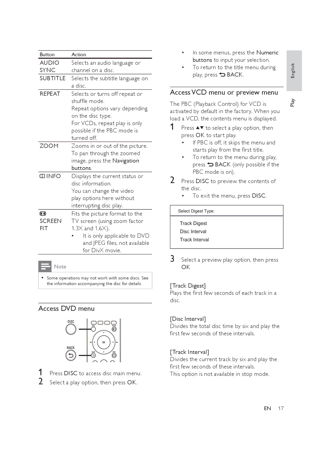 Philips HTS3019/12 user manual Access DVD menu, Access VCD menu or preview menu, Screen, Fit 