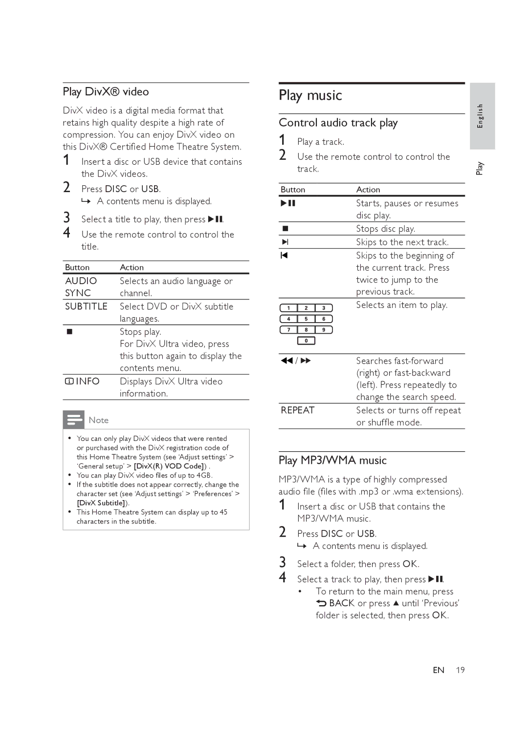 Philips HTS3019/12 user manual Play music, Play DivX video, Control audio track play, Play MP3/WMA music 