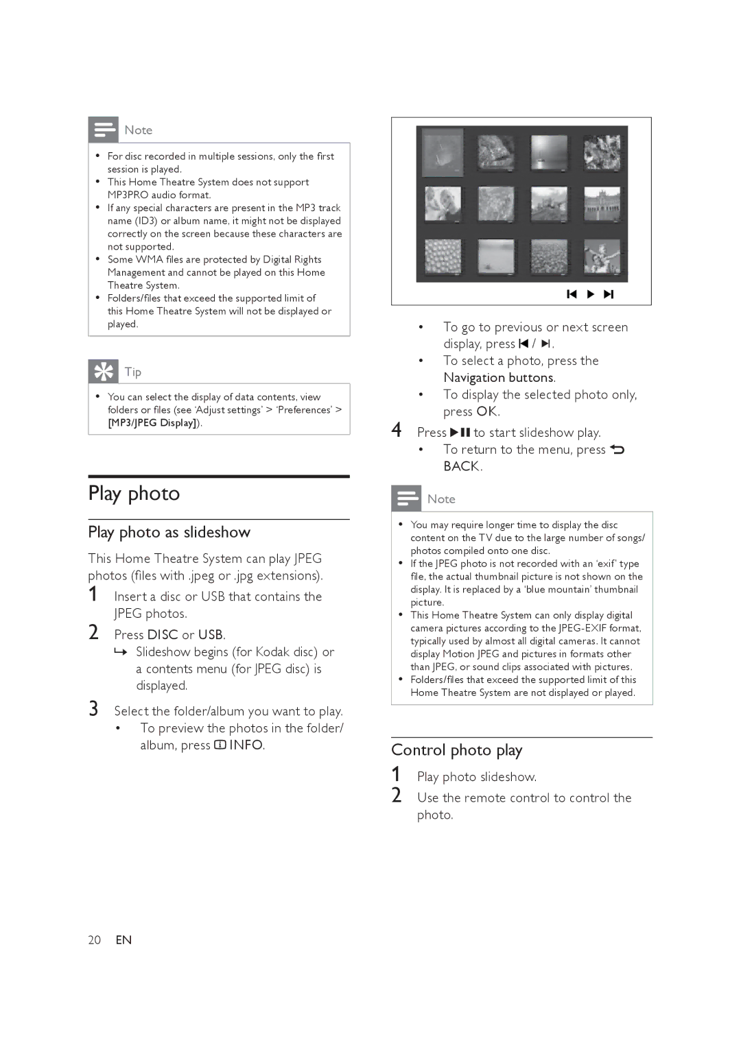 Philips HTS3019/12 user manual Play photo as slideshow, Control photo play 