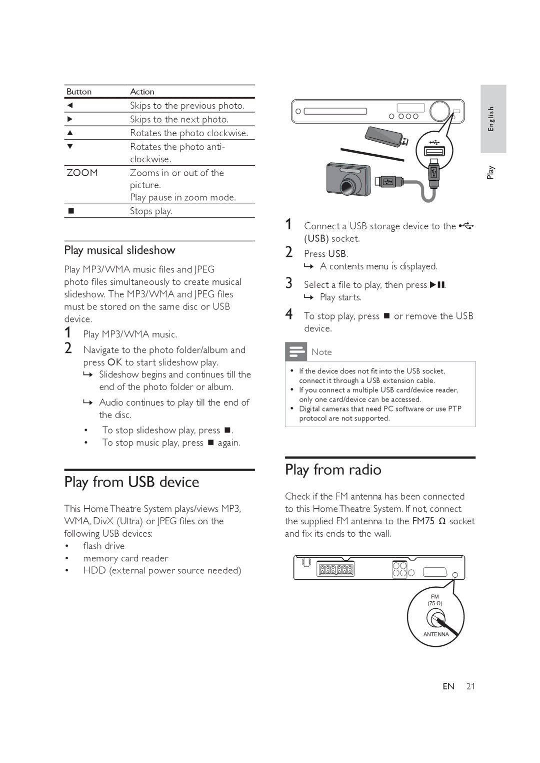 Philips HTS3019/12 user manual Play from USB device, Play from radio, Play musical slideshow 