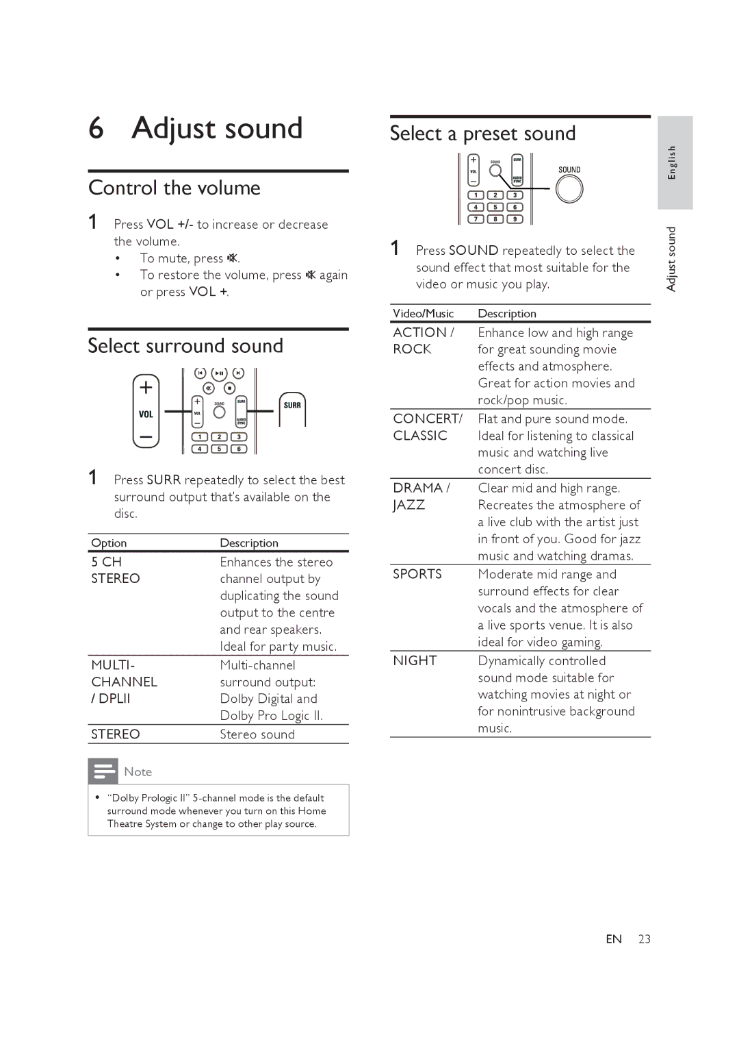 Philips HTS3019/12 user manual Adjust sound, Control the volume, Select surround sound, Select a preset sound 