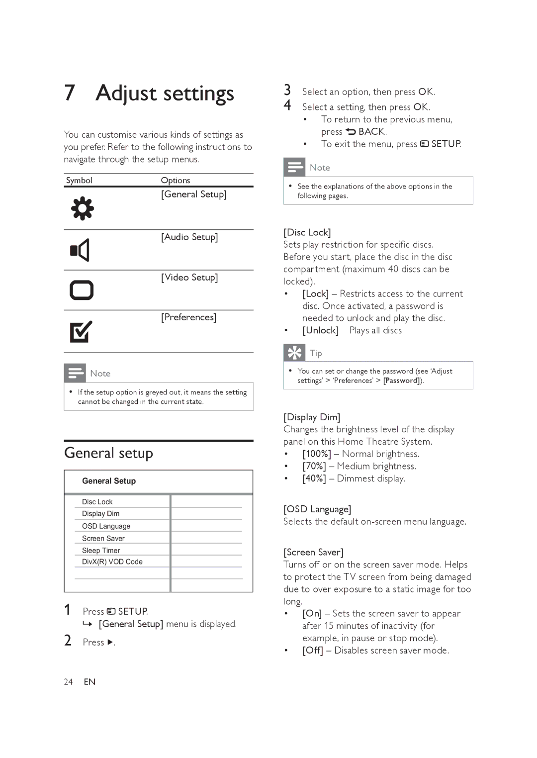 Philips HTS3019 Adjust settings, General setup, Unlock Plays all discs, Display Dim, Off Disables screen saver mode 