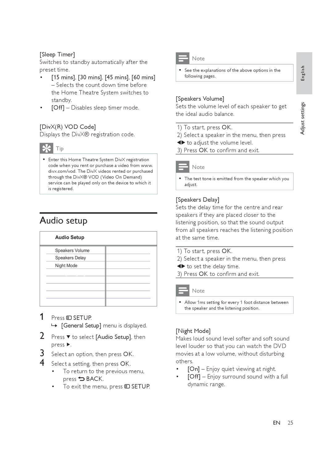 Philips HTS3019/12 user manual Audio setup, Speakers Volume, Ideal audio balance, To start, press OK 