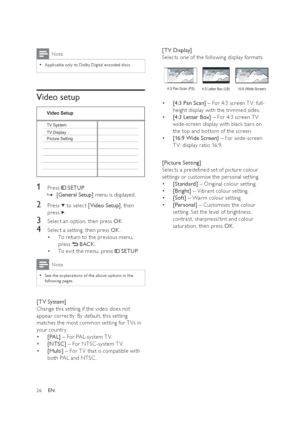 Philips HTS3019/12 user manual Video setup, Wide Screen For wide-screen TV display ratio Picture Setting 