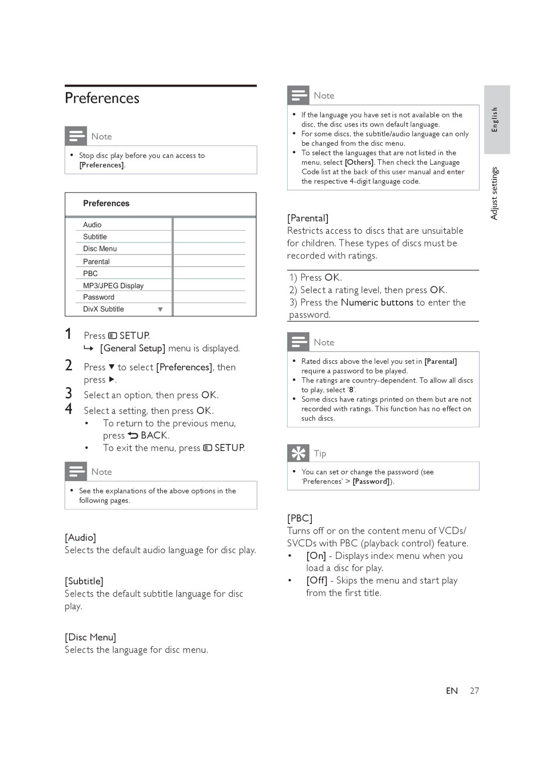 Philips HTS3019/12 user manual Preferences, Pbc 