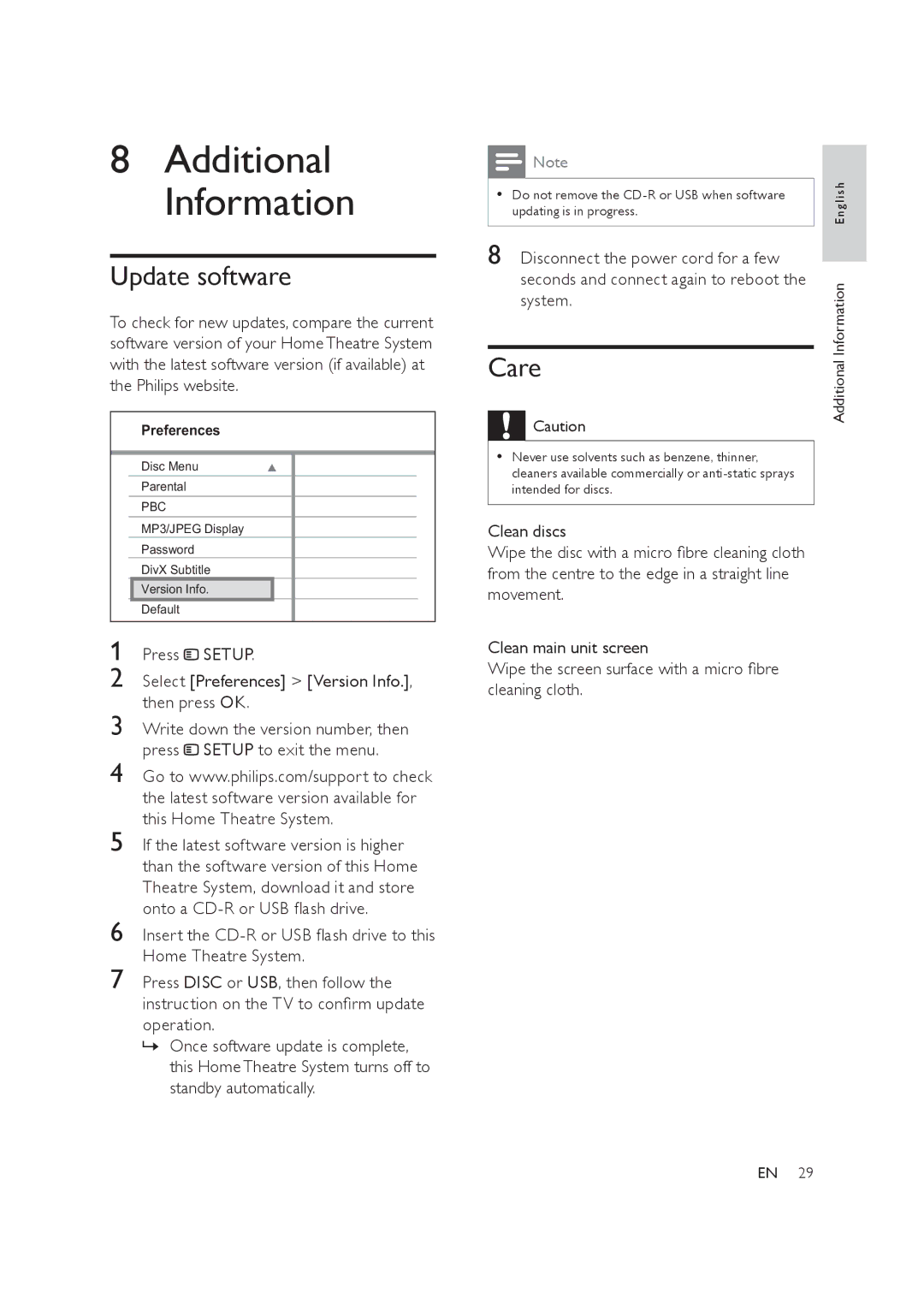 Philips HTS3019/12 user manual Update software, Care, Then press OK 