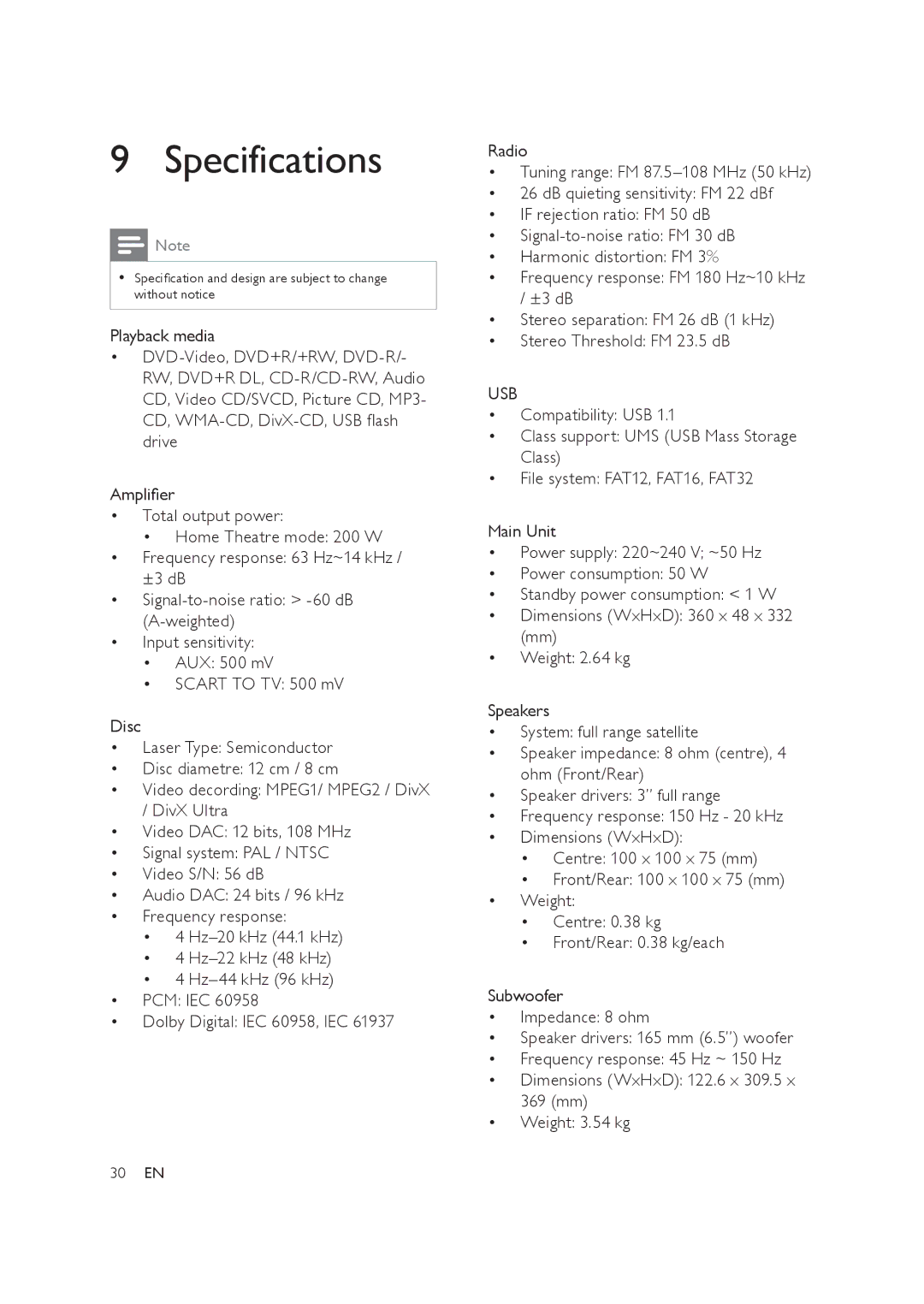 Philips HTS3019/12 user manual Specifications, Usb 